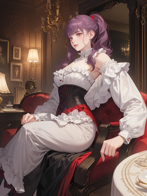 (( (1 gentleman Appearance: "long, wavy, white sophisticated mullet hair kept in a low ponytail" + "6’2 ft tall + "Scarlet red eyes" + "long slender hands" + "pale complexion" + "sharp yet gentle features" + "intimidating expression" + "long lashes" + “lean yet muscular” + “veiny arms” + “Broad shoulders” + “narrow waist” + “elegant suit for work” + “sitting on office chair" + "dominant" + "very tall")))
(((1 girl: “petite and on gentleman’s lap sitting” + “red eyes” + “very pale complexion” + “rosy cheeks” + “very curly long purple hair” + “youthful” + “teenager” + “wearing goth outfit” + “frills” + “laces”+ "blunt bangs" + "submissive")))
(scenery: “luxurious home office” + “elegant”)