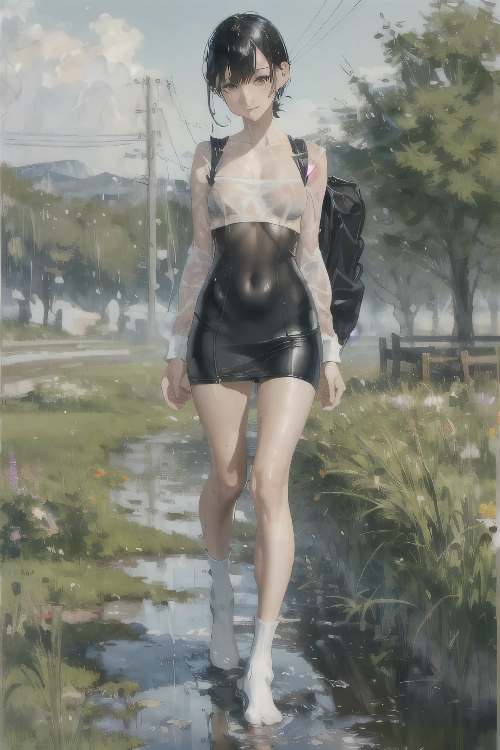 girl, Solitary, Resting posture, Black Hair, Bangs, Long eyelashes, beautiful eyes, full,Tube Top,Short skirt,Knee socks, Lando Seru Backpack,(Brushstrokes, Impressionism, painting,Rich scenery)、Disheveled,Chest contour、(((Wet clothing))(((Ultra-thin clothing))),((Flesh outline)),Grinning