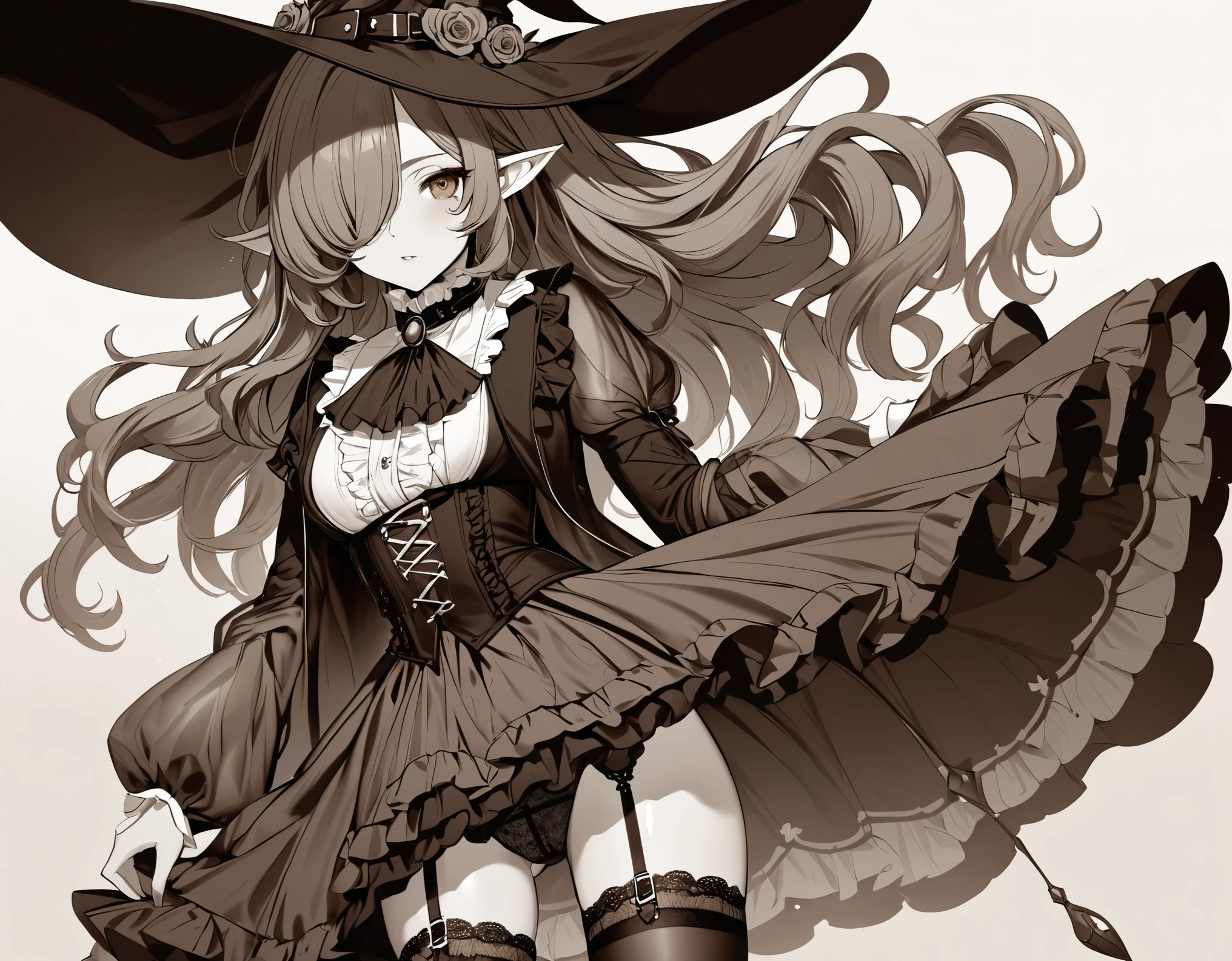 (nsfw)high quality,(High resolution:1.2),Incredible illustrations, (genshin impact) 1girl((wavy hair,hair over one eye)Dark Skin,slender,pointy ears)((victorian gothic ta SILK DRESS,open clothes),Witch Hat,ascot,garter belt,Garter Stockings(see through))()(((sepia-toned)))Blackthorn Witch Princess