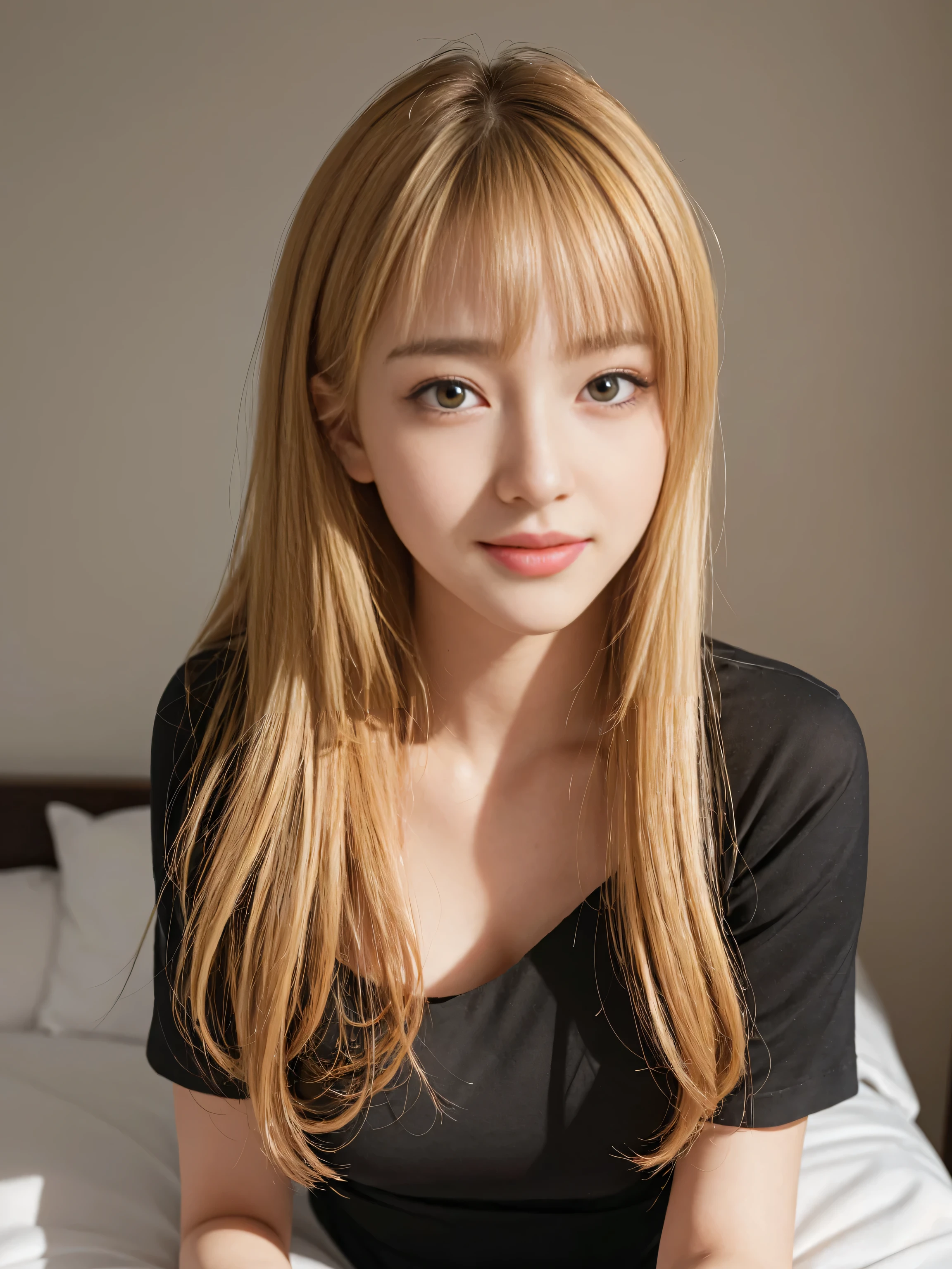 masterpiece, best picture quality, high quality, beautiful girl, Japanese, Japanese school girl, detailed, detailed eyes, detailed skin, beautiful skin, ultra high resolution, (reality: 1.4), very beautiful, slightly younger face, beautiful skin, slender, (ultra realistic), (illustration), (high resolution), (8K), (highly detailed), (best illustration), (beautifully detailed eyes), (super detailed), (wallpaper), (detailed face), looking at viewer, fine details, detailed face, smiling, looking straight ahead, angle from waist up, realistic photo, bright lighting, professional lighting, blonde, long hair, gorgeous red and black dress, mature woman, long stylish bangs, bedroom,