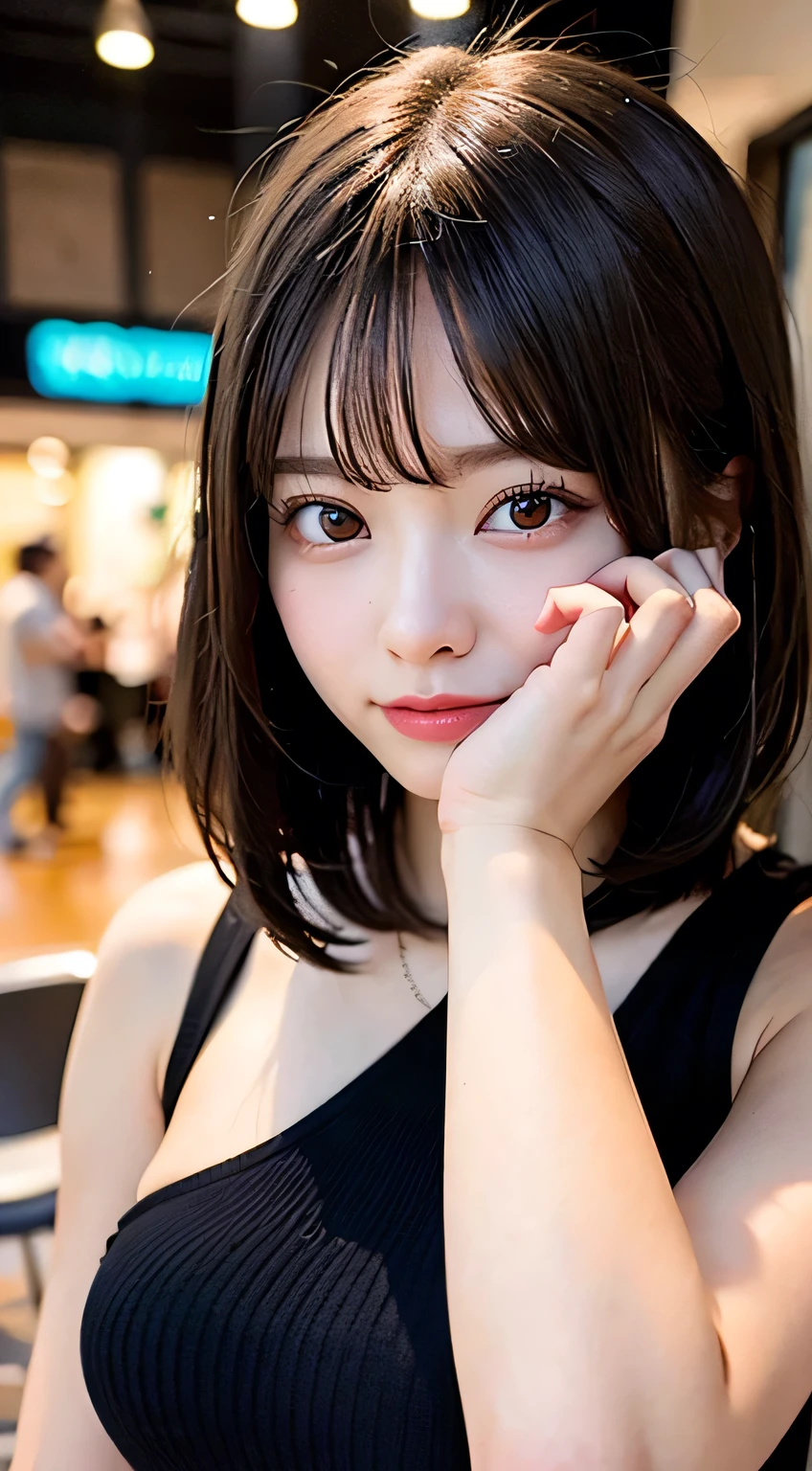 (8k, RAW Photos:1.2),Detailed face and eyes,最high quality, 超A high resolution, Very detailed ,Intricate details ,Tabletop ,pretty girl , Soft cinematic light, Hyper Detail,Sharp focus, high quality,Black-haired, Bobcut,  outside, knit, mini skirt, panties, Peeking from below