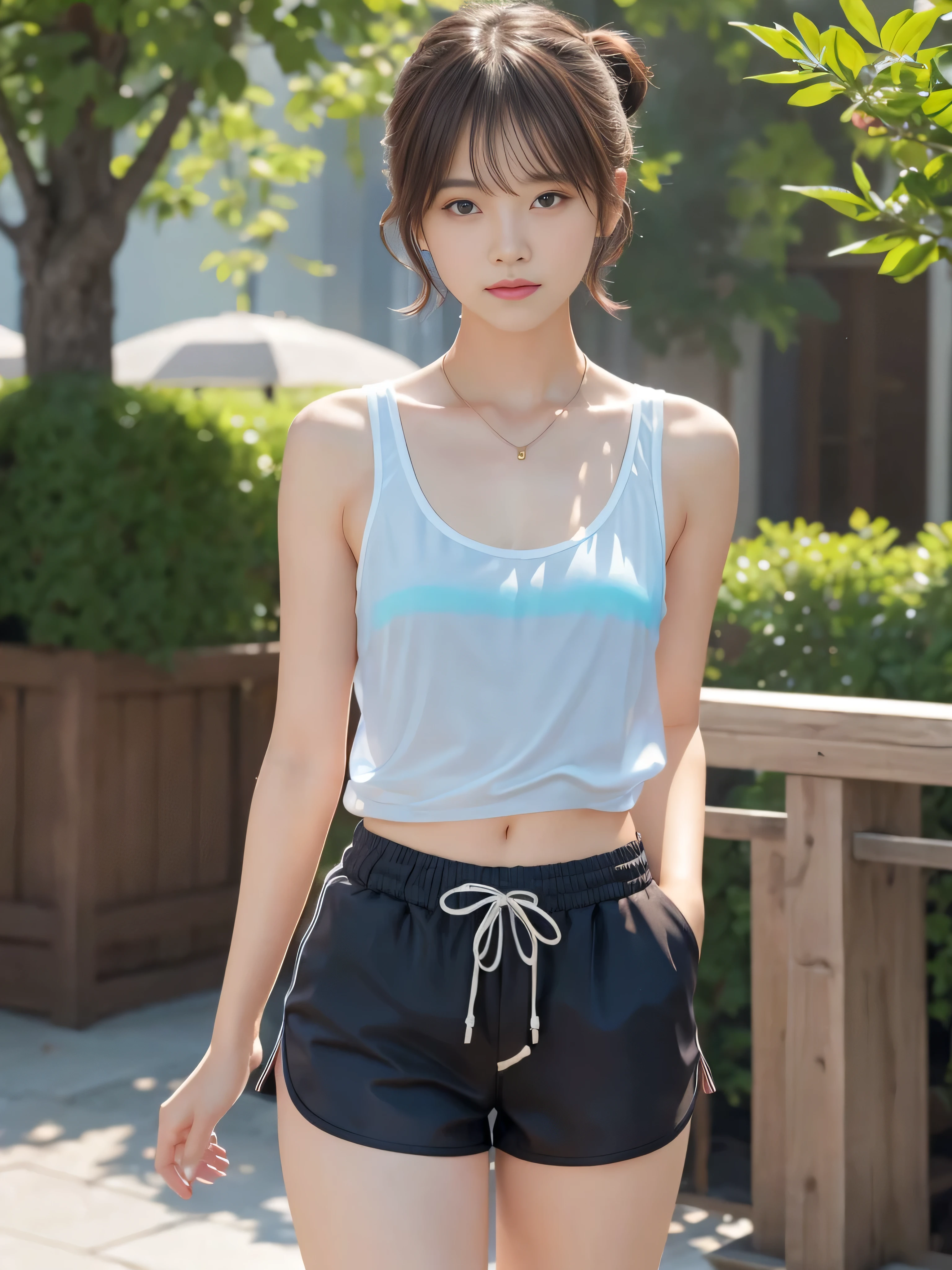 ((medium breasts⁩, Tomboy girl,)),  ( girl), (Chiseled abs : 1.1), (Perfect body : 1.1), (short wavy hair : 1.2) , reddish brown hair, Collar, chain, Full body shot, crowdedstreets, wearing tank top, White string buns((Shorts)), (Very detailed CG 8k wallpaper), (extremely delicate and beautiful), (masutepiece), (Best Quality:1.0), (超A high resolution:1.0),  Beautiful lighting ,Perfect Lightning, Realistic Shadows, [hight resolution], Detailed skin, Ultra-detailed (((Colorful))),high realistic, Sheer, Wet,