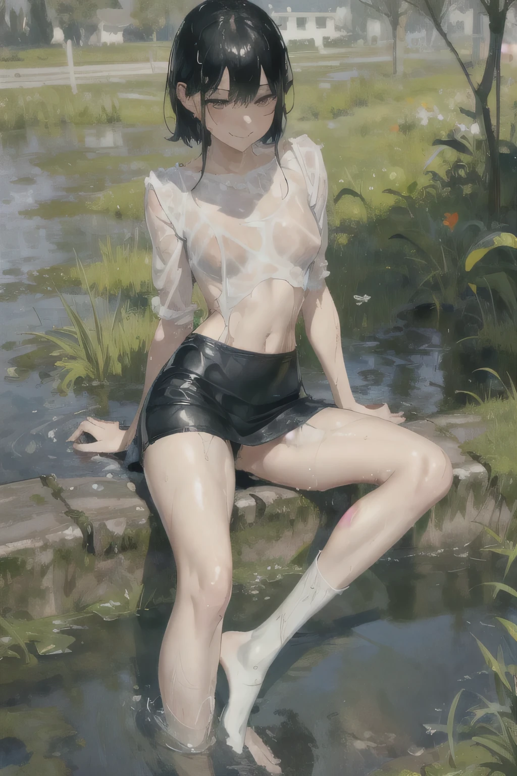 girl, Solitary, Resting posture, Black Hair, Bangs, Long eyelashes, beautiful eyes, full,Tube Top,Short skirt,Knee socks, Lando Seru Backpack,(Brushstrokes, Impressionism, painting,Rich scenery)、Disheveled,Chest contour、(((Wet clothing))(((Ultra-thin clothing))),((Flesh outline)),Grinning
