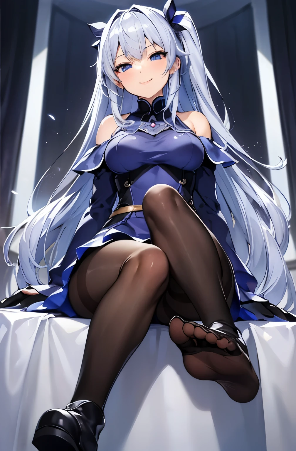 Half closed eyes:1.1), Bluish silver medium length hair、キュートShiny skin, Shiny skin, Wide Hips, Tight waist, Double good, Branish color, hair ornaments, Off-the-shoulder dress, pantyhose, Black body stocking,  Captivating smile, Wicked Smile, , Ass Focus, From below,  (feetを組んで) (((Sitting))), feet, Boots Sole, skirt