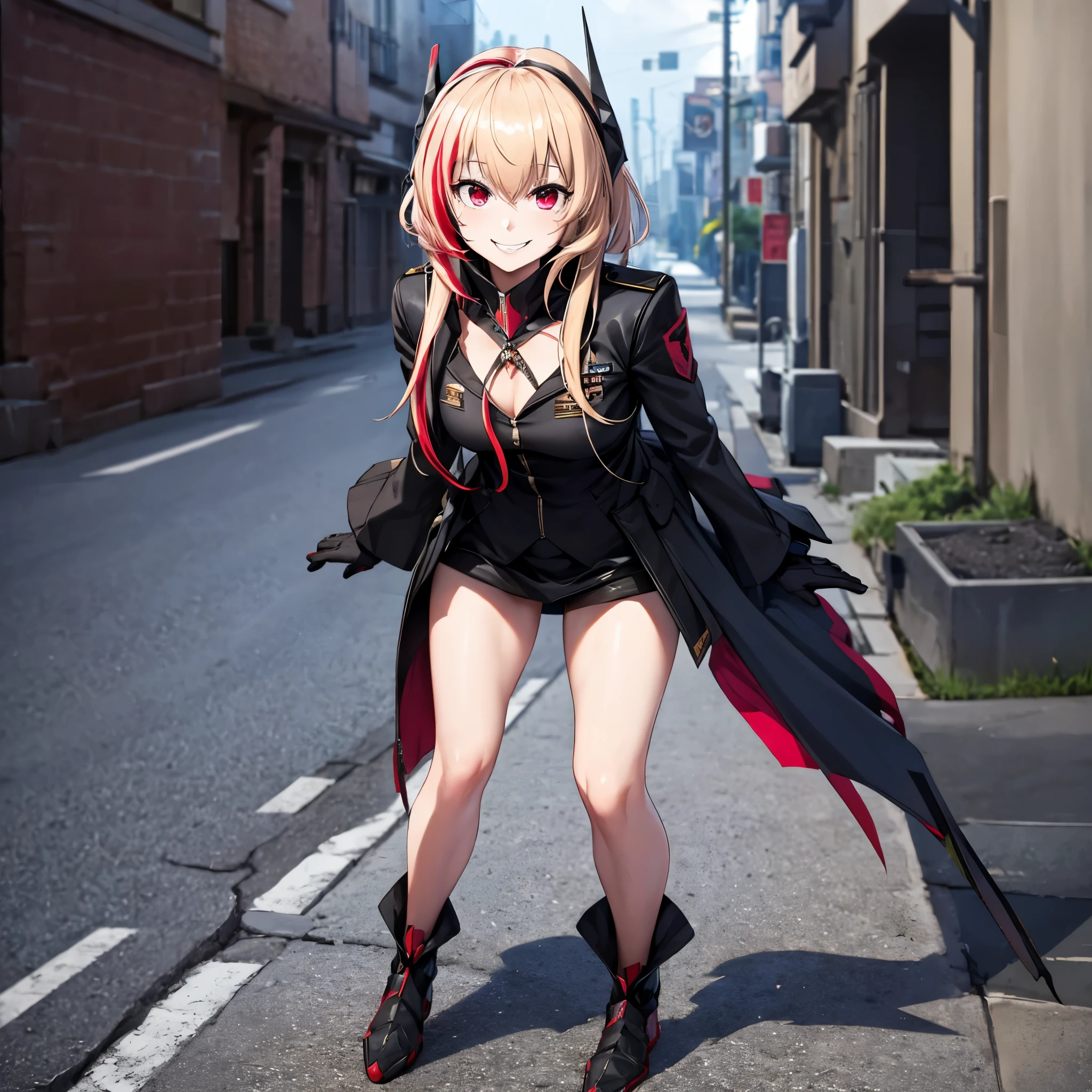 A woman wearing a black uniform with red details, black metal boots, metal gloves, blonde hair, red bangs, red eyes, smiling, full body, walking on the sidewalk outside a military base, stereogram, tachi-e, point of view, atmospheric perspective, 8k, superdetail, accurate, best quality, award-winning, textured skin, high resolution, anatomically correct, bokeh effect, ((woman solo).
