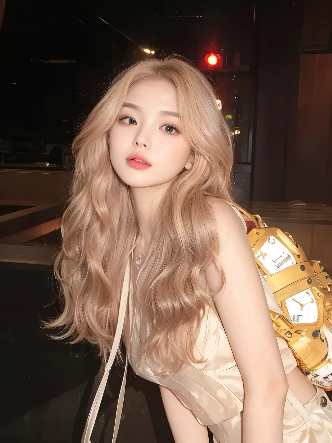 masterpiece, best quality, 20-year-old girl,Pink blonde hair,Flowing long hair,Long curly hair,Water wave curly hairstyle,pretty girl,a girl,Exquisite facial features,The hair is well-defined,Clear hair,