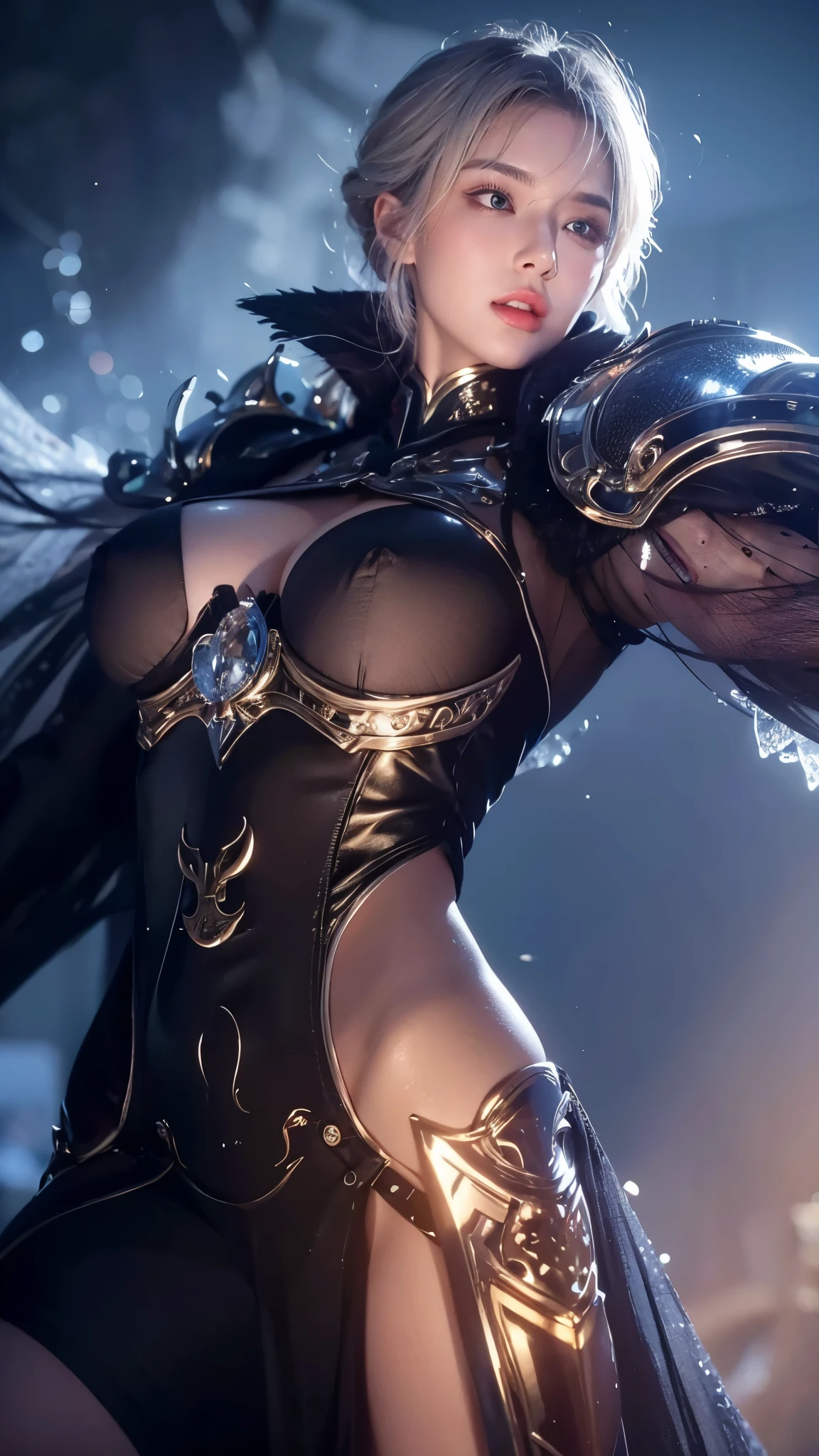 ((World of Darkness)),Professional , masterpiece、top-quality、photos realistic , depth of fields 、Golden Magic Wand、(((Fight dragons))),(Dragon Black Metal Body:1.9),(latex black-blue、(cleavage of the breast),(Fight dragons)、、(((Particles of light))),(Micro Bikini Armor:1.7),Gorgeous gold weapons ,(Fight dragons)、Seductive look、The face of the dragon is out、(blood splattere、Armpit、((((With a magic wand))), ) , (((Wearing a black latex wizard hat))),(demonic wings) ,((a blond))、(Castle background)、((Gangle's forest background))、Beautiful Caucasian beauty、1a person、Armpit、dynamic ungle,(((Detailed Silver Dragon Wizard Hat)))、Smaller head、A smile、Castle background、Thin and beautiful female hands、cleavage of the breast、Soldier in iron armor on background、Mystical expression、Light Effects、intense fighting、Wind-effect、magic circles、With the legendary magic wand、Dragon's tail、explosions、Toostock、Toostock、(Beautuful Women),
