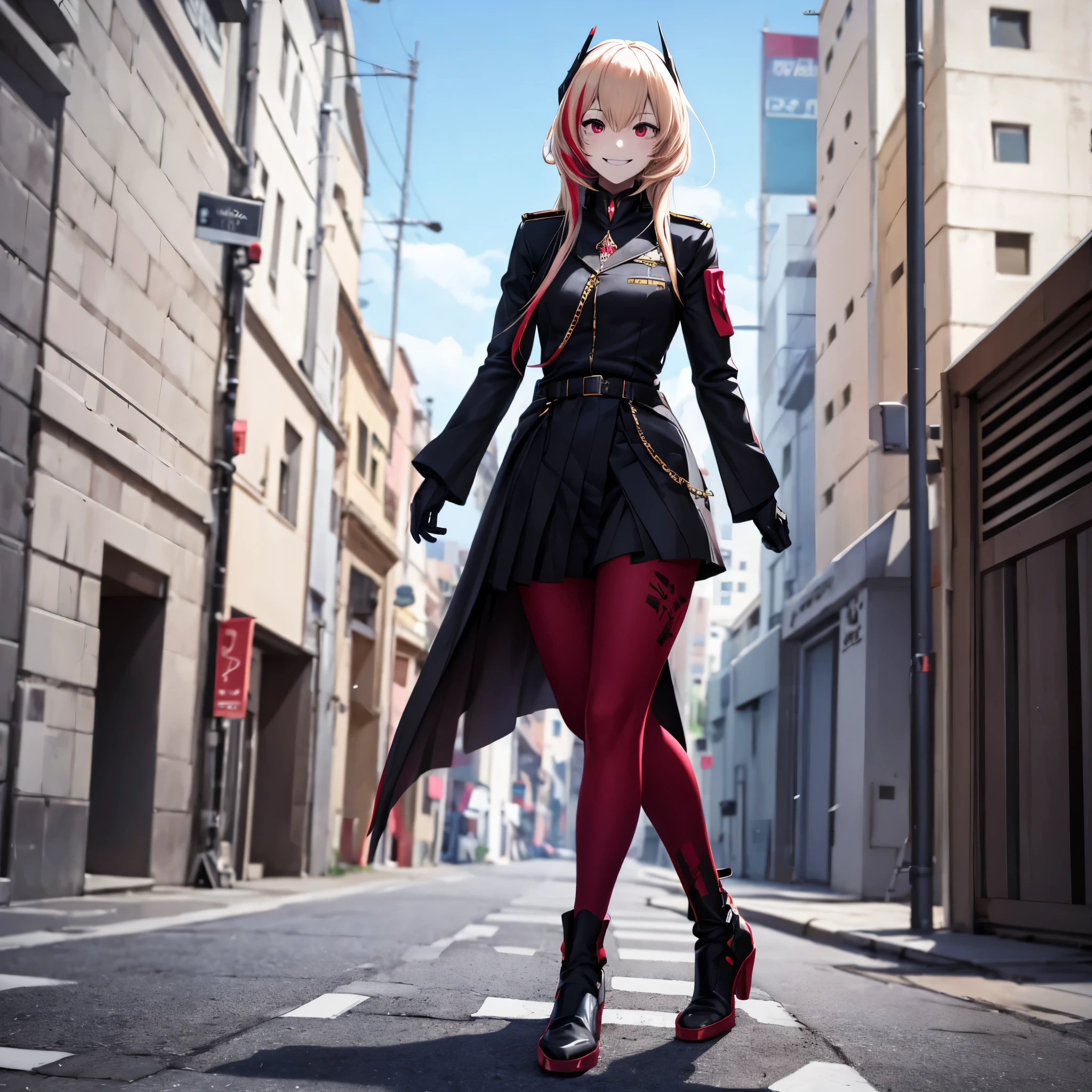 A woman wearing a black uniform with red details, black metal boots, metal gloves, blonde hair, red bangs, red eyes, smiling, full body, walking on the sidewalk outside a military base, stereogram, tachi-e, point of view, atmospheric perspective, 8k, superdetail, accurate, best quality, award-winning, textured skin, high resolution, anatomically correct, bokeh effect, ((woman solo).
