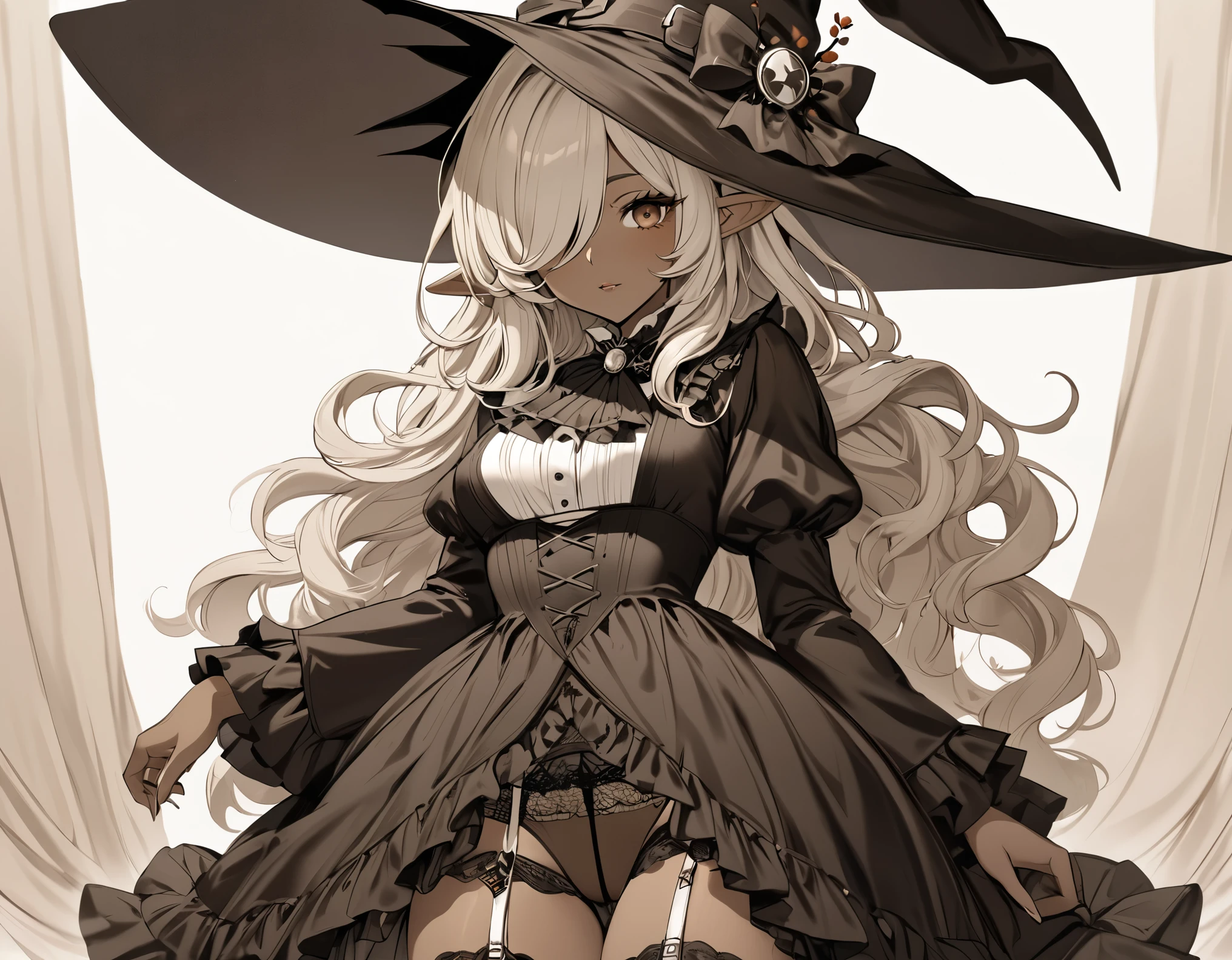 (nsfw)high quality,(High resolution:1.2),Incredible illustrations, (genshin impact) 1girl((wavy hair,hair over one eye)Dark Skin,slender,pointy ears)((victorian gothic lolita SILK DRESS,open clothes),Witch Hat,ascot,garter belt,Garter Stockings(see through))()(((sepia-toned)))Blackthorn Witch Princess