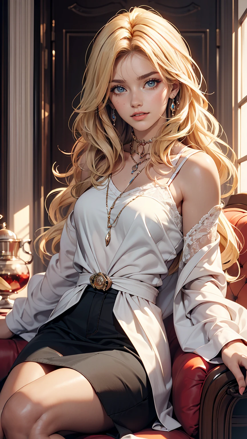 (highest quality, High resolution, masterpiece :1.3), 25-year-old Caucasian female、Platinum Blonde、blue eyes、Semi-long hair、My hair is wavy、smile、I'm wearing earrings、I'm wearing a necklace、Wearing accessories on wrists and ankles、I'm wearing a ring、I want my head to stay off screen、Wearing red nail polish、I'm getting a pedicure、smile、Wearing a sleeveless zipper-up top、Wearing a pleated skirt、I'm wearing high heels、I'm wearing black stockings、Low - Angle、Wearing a lace choker、In an alleyway of brick buildings in the old town、Hands on hips、Have a clutch bag、Make up