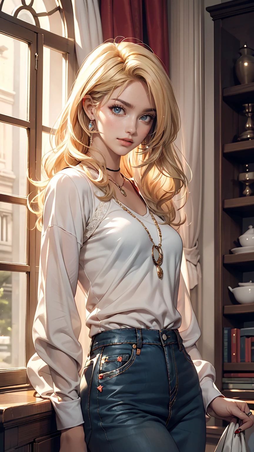(highest quality, High resolution, masterpiece :1.3), 25-year-old Caucasian female、Platinum Blonde、blue eyes、Semi-long hair、My hair is wavy、smile、I'm wearing earrings、I'm wearing a necklace、Wearing accessories on wrists and ankles、I'm wearing a ring、I want my head to stay off screen、Wearing red nail polish、I'm getting a pedicure、smile、Wearing a sleeveless zipper-up top、Wearing a pleated skirt、I'm wearing high heels、I'm wearing black stockings、Low - Angle、Wearing a lace choker、In an alleyway of brick buildings in the old town、Hands on hips、Have a clutch bag、Make up