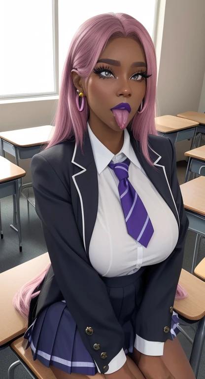 (masterpiece, highres, best quality:1.3), 8K, highly detailed, intricate, colorful, vibrant image, sharp focus, digital blending, 4K, trending on pixiv Ingrid, ((school uniform)), solo, mature female, 40yo, milf, curvy, (dark skinned female:1.15), dark skin, posing, classroom, table, chair, sitting, (expressionless:1.2), looking at viewer, cowboy shot, pink hair, very long hair, forehead, hair intakes, purple lipstick, makeup, mole under mouth, yellow eyes, perfect eyes, perfect face, ultra detailed hair, ultra detailed face, earrings, ultra detailed lips, large breasts, ultra detailed lipstick、Blushing、Pleasure