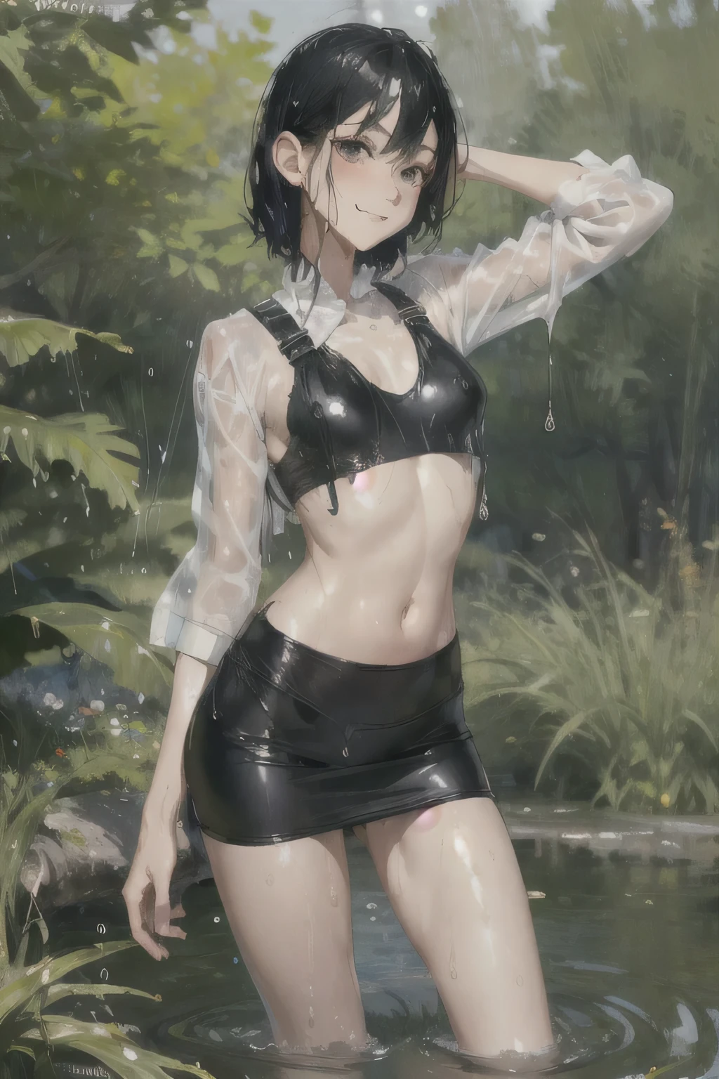 girl, Solitary, Resting posture, Black Hair, Bangs, Long eyelashes, beautiful eyes, full，Tube Top，Short skirt，Knee socks, Lando Seru Backpack,(Brushstrokes, Impressionism, painting，Rich scenery)、Disheveled，Chest contour、(((Wet clothing))(((Ultra-thin clothing))),((Flesh outline)),Grinning