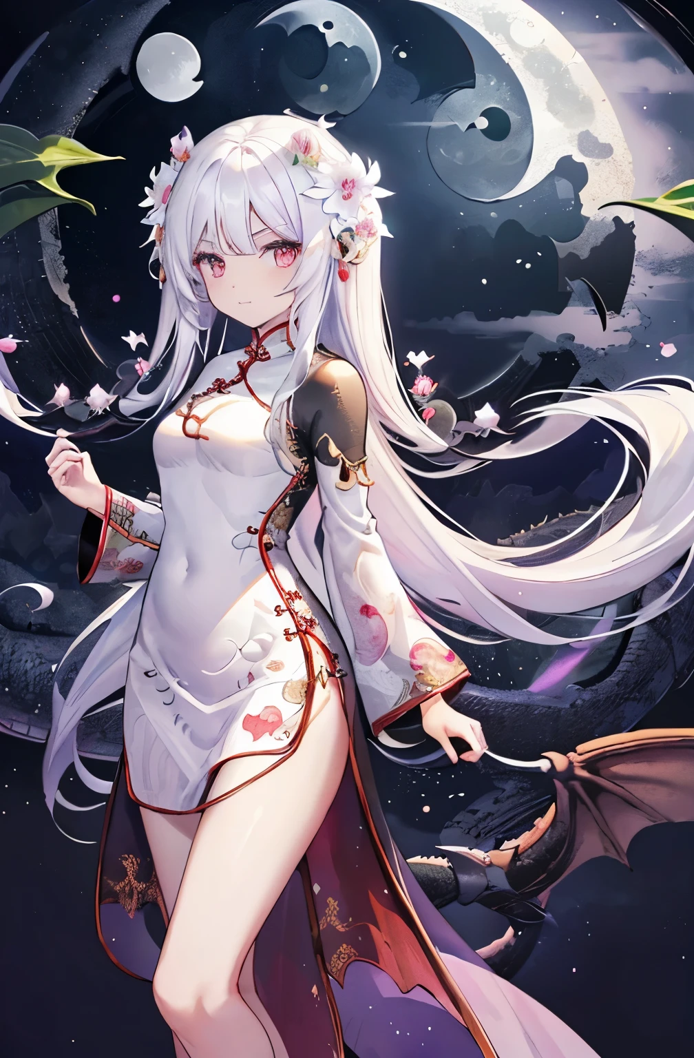 Shiny Hair, Black Hair, long hair, Curly hair, Beauty, ((((Dragon White Cheongsam))), beautiful, looking at the camera, ((((Background night moon flower)))), high quality