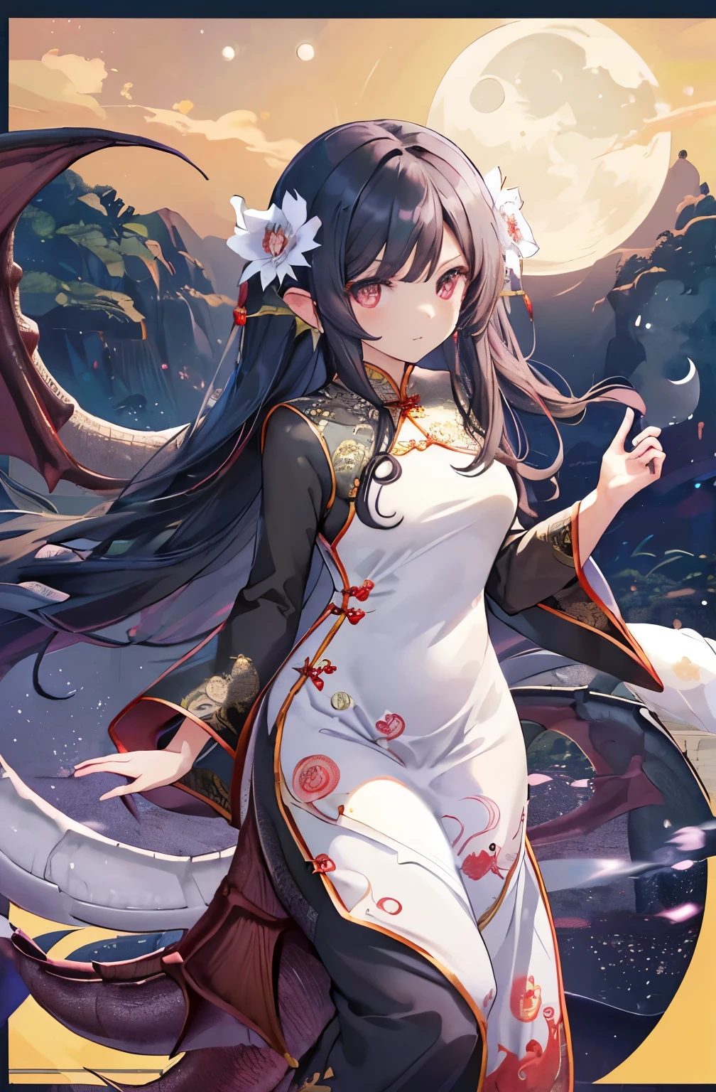 Shiny Hair, Black Hair, long hair, Curly hair, Beauty, ((((Dragon White Cheongsam))), beautiful, looking at the camera, ((((Background night moon flower)))), high quality