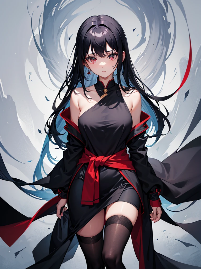 A teenage girl, a dignified and tight face, black hair that extends to the shoulders, a dark blue monk's robe tied to the waist, red-black tights,