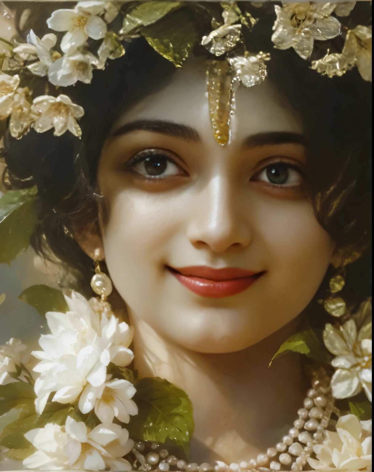 Lord Krishna, chariamatic face, beautiful eyes, soft skin, divine smile, flowers, pearls, oil color, dull colors, extremely beautiful