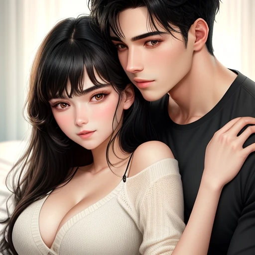 Man and woman, at bedroom, aggressive kissing kiss, staring intently to eyes. No one look at front. Man Hugging woman from back and kissing, Lovers. Hand on the waist. Hand on the neck. Hand on the face.
20-year-old boy and 18-year-old girl. cute, sunny, warm vibes, Handsome-cool-warm-boy with black hair and hot-seductive-sexy-cute-beautiful-girl with black hair and blushing face. Intimate vibes. Detailed face, Detailed eyes, double eyelid,