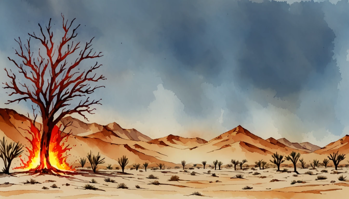 tree on fire in the desert, heat reflections, heat wave blur, watercolor landscape, blue clear sky, mountains, desert sand, immense intense heat, maximal extreme hot sunny weather, watercolor hues, fiery,