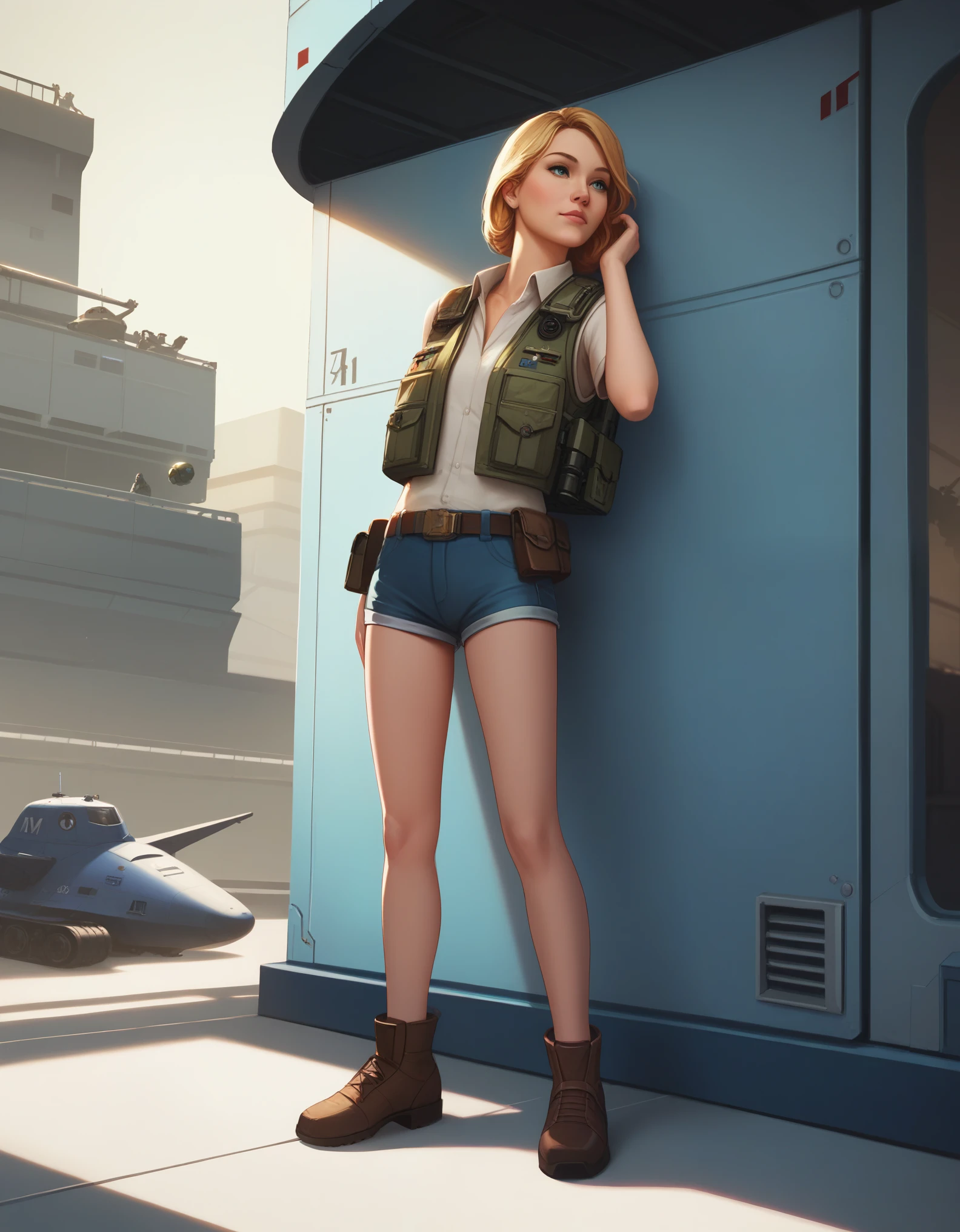 score_9, score_8_up, score_7_up, masterpiece, high quality, 1girl, german-japanese, cowgirl, mech pilot, cooling vest, short shorts, leaning on wall, hangar, Battletech, sci-fi, ample chest,