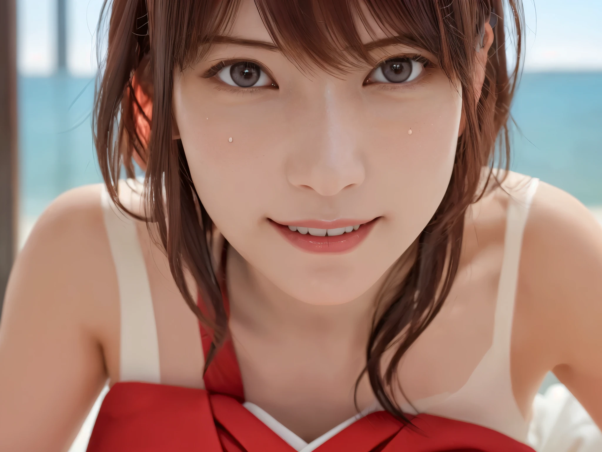 (Ultra High Resolution, Realistic, Realistic, Best Quality, Photorealistic Photorealistic), 8K, Original Photo, ( Physically Based Rendering, Auto White Balance), Sense of Technology, Best Quality, (Masterpiece;1.2), Illustration, CG, Unity, Amazing, Fine Detail, Very Detailed, (High Detail Skin), 1girl,21 yo, ((bob hair)), kimono, red hakama, Black hair, a tuft of brown hair on the left bangs, (small breasts), lean type, eyes to camera, smile,