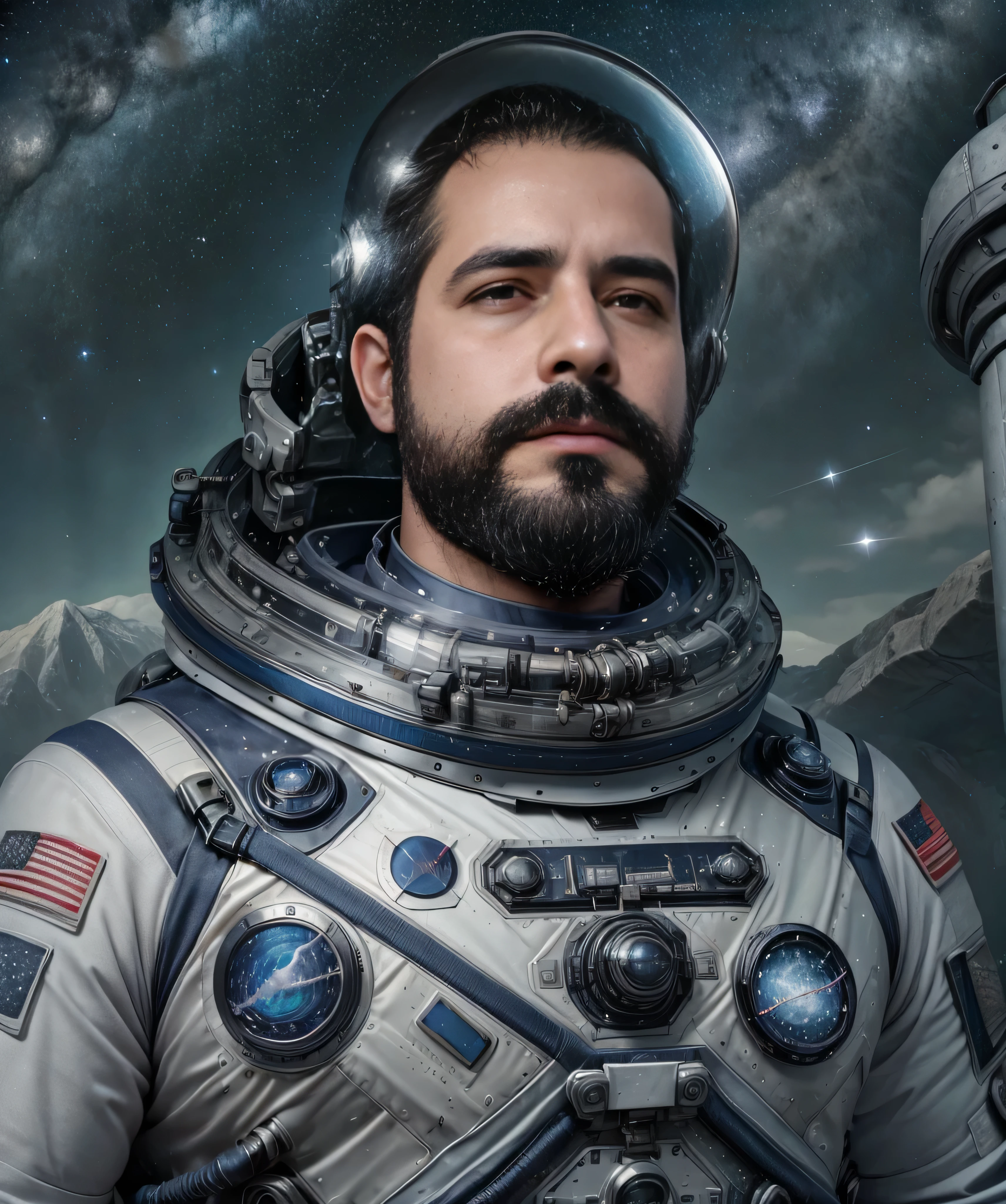 A well-built man with a dark beard and sunglasses, wearing a high-tech space suit with blue and silver details, se encuentra en primer plano. Su figura llena la imagen, highlighting his expression of determination and bravery. Behind him, el vasto espacio exterior se extiende con un fondo de estrellas brillantes y nebulosas coloridas. A lo lejos, se ve una nave espacial futurista con luces parpadeantes y una gran luna o planeta en el horizonte. The man holds a space helmet in his right hand and a communication device in the left, ready to lead a crucial mission in the vastness of the cosmos."