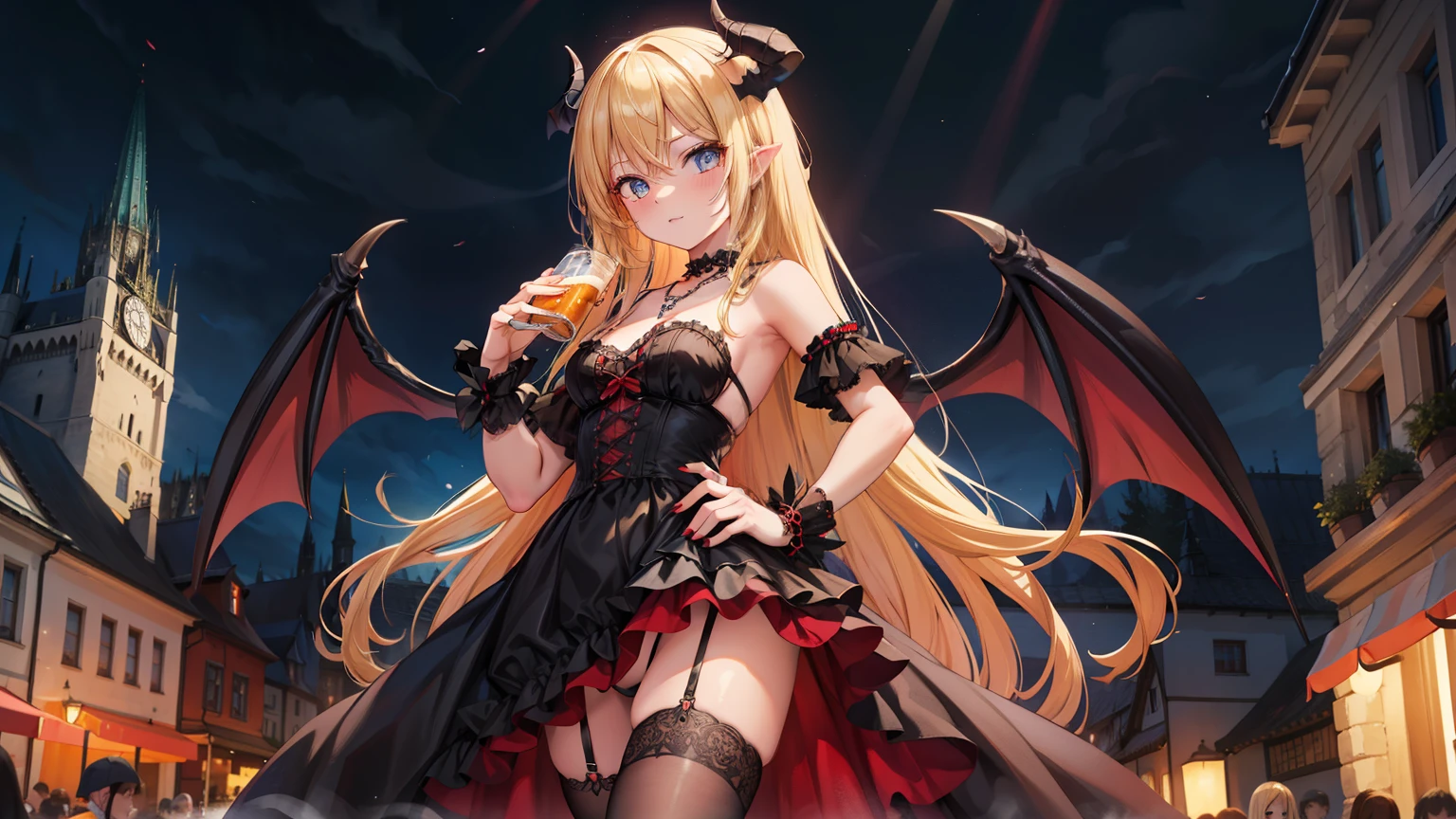 "A seductive succubus with long blonde hair, blue eyes, and fair skin. She has a tall and fit figure with German charm, small black horns, and black bat wings. She is wearing a dress with traditional German elements in black and red, with lace and frills, featuring a high slit. She is adorned with traditional German jewelry, such as necklaces and bangles. The succubus occupies most of the frame, standing prominently. The background is an ancient German castle with stone walls and towers, or a night scene in Munich with beer halls and light decorations."
