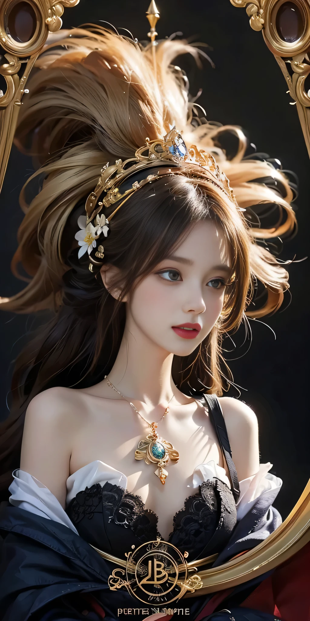 (skeleton like:0.4), ((female ornate princess)), (with blonde long flowing hair), (bright beautiful eyes), trending on artstation, flowers of hope by Jean-Honor Fragonard, Peter mohrbacher, hyper detailed, insane details, stunning, intricate, elite, art nouveau, ornate, liquid wax, elegant, extravagant, luxury, Greg Rutkowski, ink style, sticker, vector-art, beautiful character design, double exposure shot, luminous design, award winning, masterpiece, amoled black background, (full torso),
