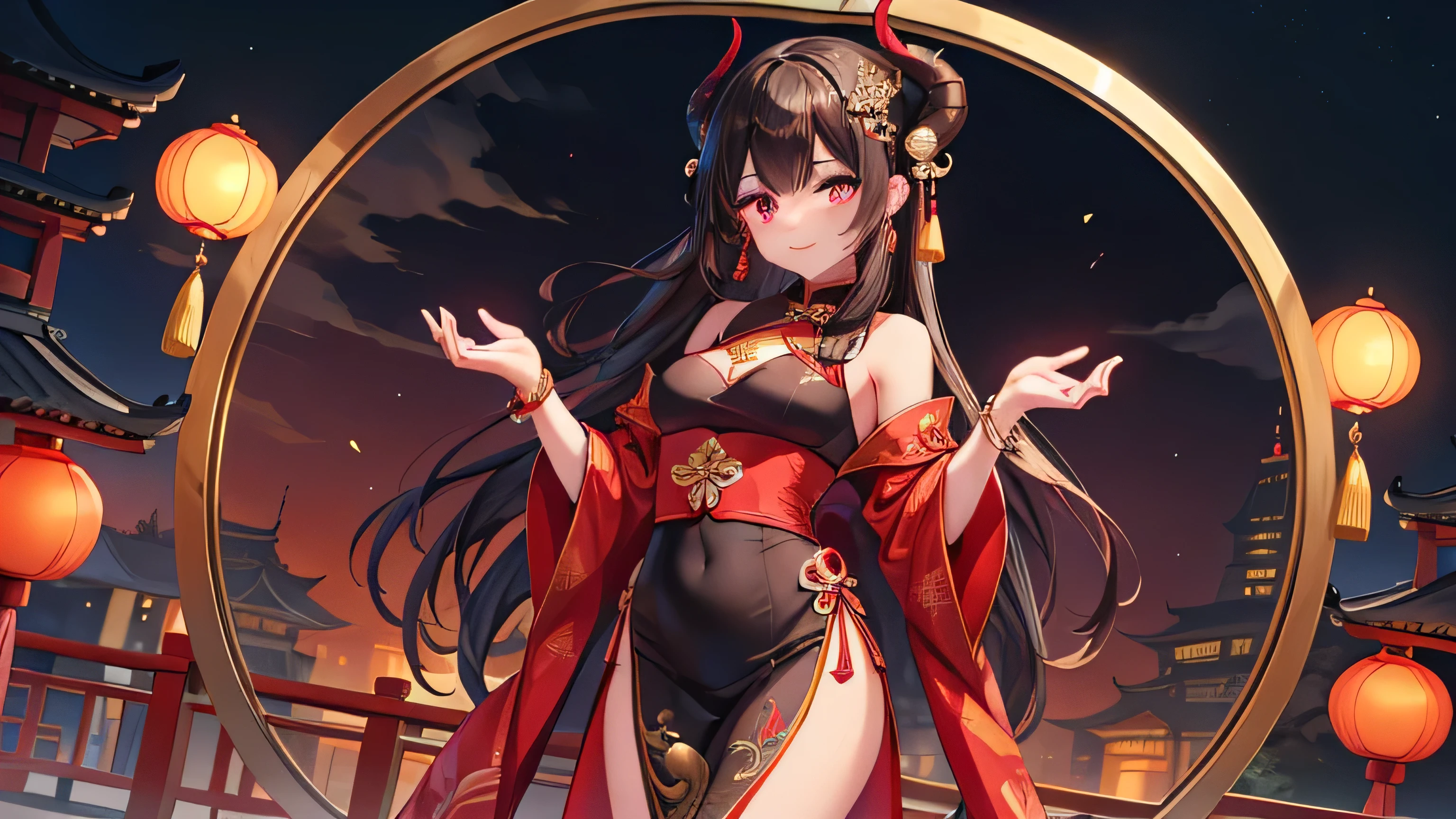 "A seductive succubus with long black hair, dark brown eyes, and fair skin. She has a slender and elegant figure with Chinese charm, small red horns, and black bat wings. She is wearing a traditional qipao in red and gold with intricate embroidery and dragon-phoenix patterns, featuring a high slit. She is adorned with traditional Chinese jewelry, such as earrings and bangles. The succubus occupies most of the frame, standing prominently. The background is a classical Chinese garden with a lotus pond and arched bridge, or a modern Shanghai night scene with the Oriental Pearl Tower and neon lights.",
