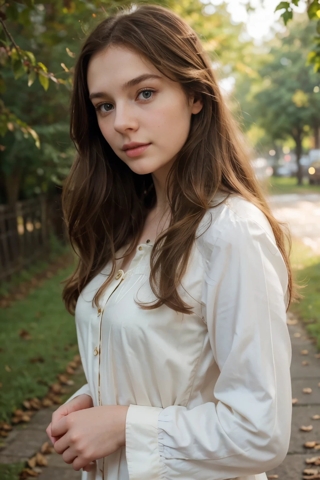 European girl with brown hair, blue eyes, long hair, beige blouse in vintage style, pretty face, pale face, beautifully styled hair, thin lips, rosy cheeks, selfie, green leaves in the background