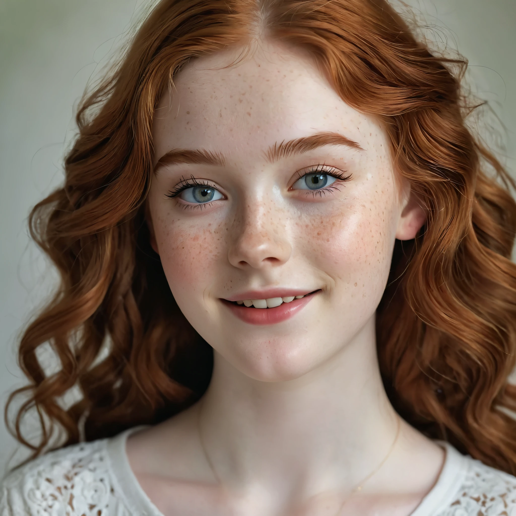 A very beautiful realistic girl, -yeld, polain skin, most fair skin, very pale skin, red hair, wavy, freckles skin, hazel eyes, thick curved eyebrow, happy face, unique face, detail photo, realistic photo, master piece picture, sharp picture.