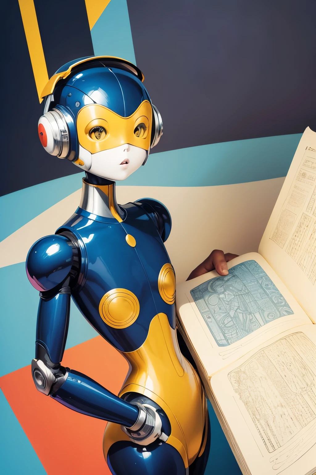 A humanoid robot in children's book illustration, by Jean-Jacques Sempé, magnificent sketchbook style art, vintage 1950, masterpiece of graphic design, calligraphic ink outlines, colorful, inspired by drawings of Jean-Jacques Sempé.