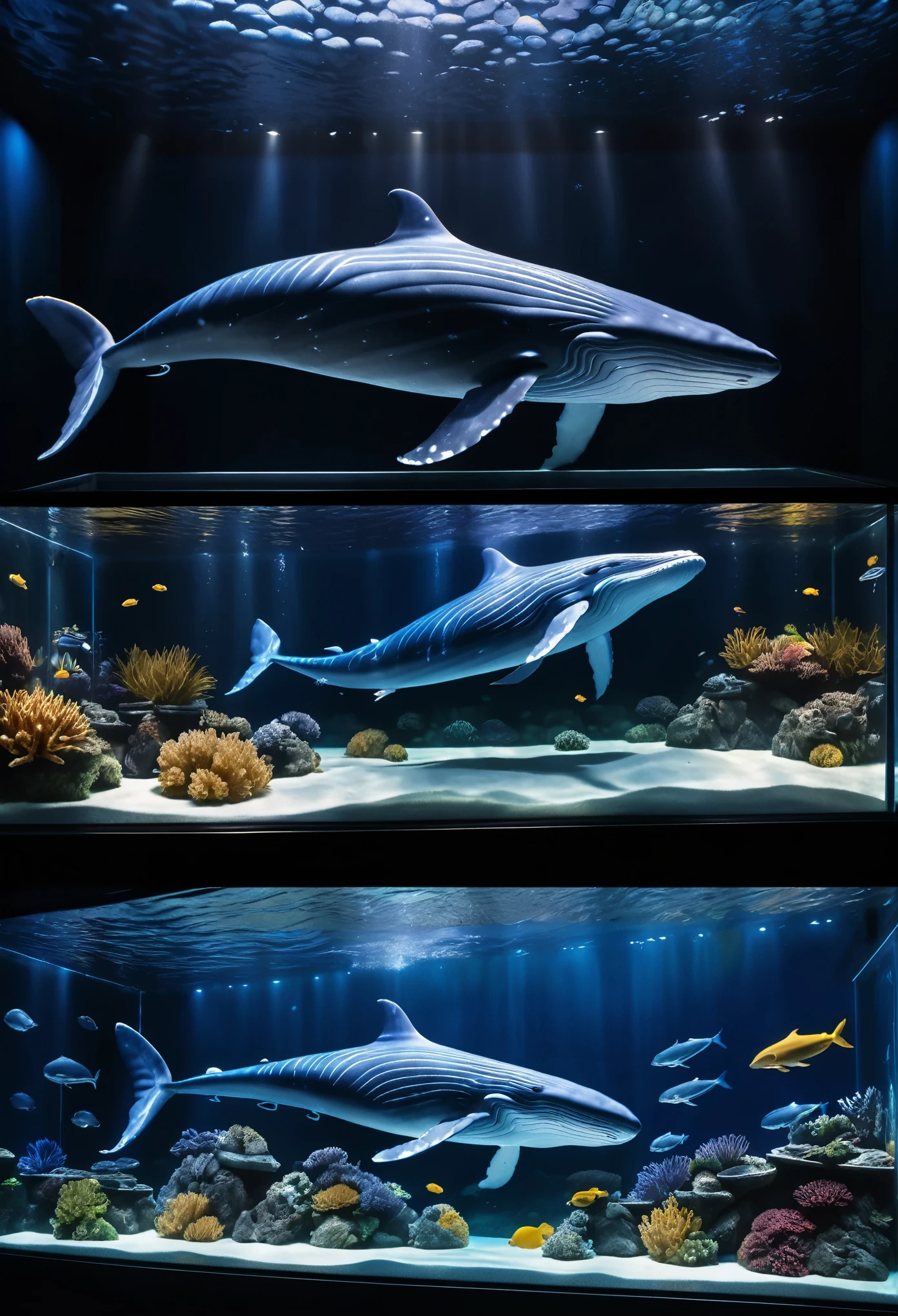 movie lighting, Glowing lights, masterpiece, precise, Super Detail, high quality, The award-winning, 8k Blue whale swimming in fish tank,The three images have the same background, The three images with the same whale in each of them: left side, front, and right side