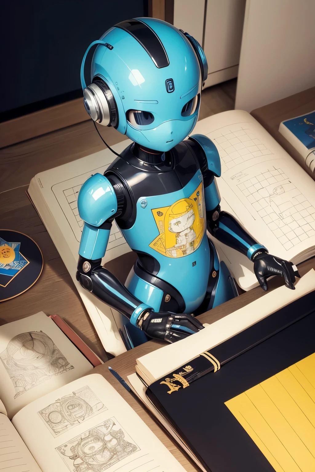 A humanoid robot in children's book illustration, by Jean-Jacques Sempé, magnificent sketchbook style art, vintage 1950, masterpiece of graphic design, calligraphic ink outlines, colorful, inspired by drawings of Jean-Jacques Sempé.