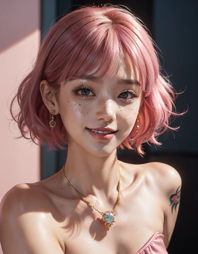 1 girl with tattoo in the neck, 25 years old, south korean, idol, masterpiece, perfect face, soft skin, freckles under eyes, short whavy pink hair, bowl cut, shiny pink eyes, red lips, natural makeup, red eyeliners, happy, big smile, open mouth, perfect teeth, pink earrings, gold necklase, facing the spectator, bright colors, portrait, close up, face focus.