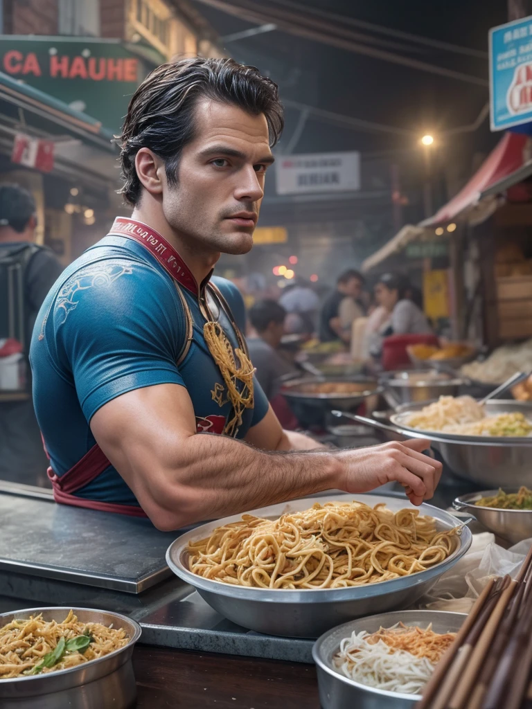 (Best quality at best,4K,8K,A high resolution,tmasterpiece:1.2),ultra - detailed,(actual,photoactual,photo-actual:1.37, A street photography picture of [Superman:Henry Cavill:0.1] eats  Mie Goreng at the exotic street food stall, with an intricate detail of bustling street food market background, professional photorealistic color pencil illustration, highly influenced with Don Lawrence style, octane render, sharp and crisp picture, masterpiece