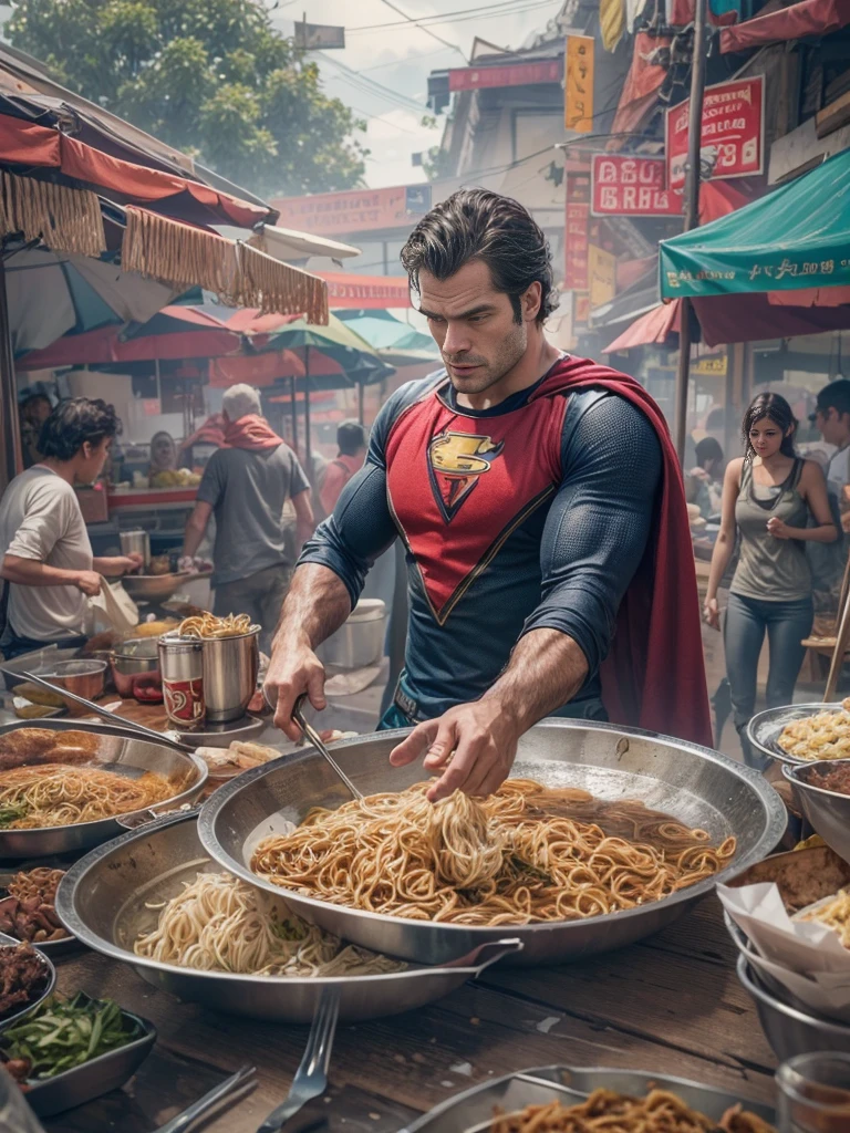 (Best quality at best,4K,8K,A high resolution,tmasterpiece:1.2),ultra - detailed,(actual,photoactual,photo-actual:1.37, A street photography picture of [Superman:Henry Cavill:0.1] eats  Mie Goreng at the exotic street food stall, with an intricate detail of bustling street food market background, professional photorealistic color pencil illustration, highly influenced with Don Lawrence style, octane render, sharp and crisp picture, masterpiece