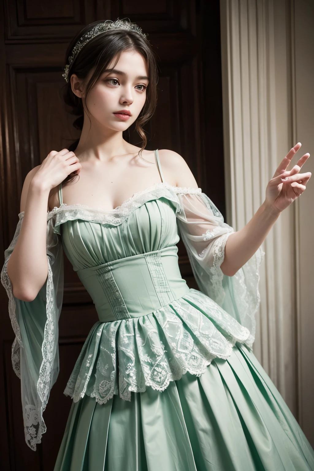 ((High-quality work)), the lines are clear and concise, the green dress and the beautiful pleated lace complement each other, which enriches the layering of the whole picture, the graceful Edwardian lace dress and the princess skirt add a lot to the character, the gesture with the back of the hand behind , It also shows the gentle and elegant side of women.