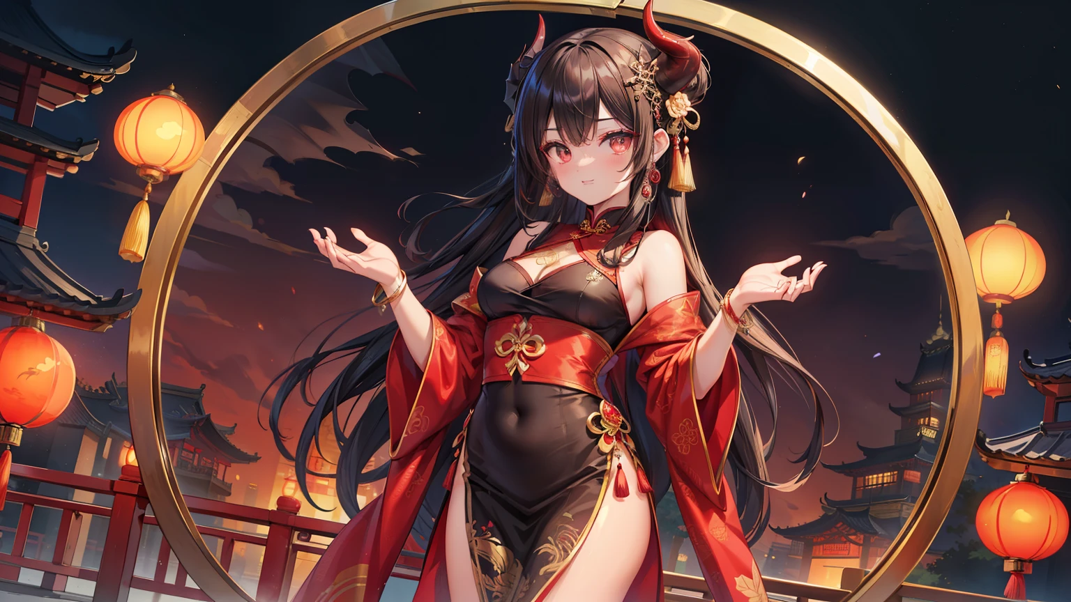 "A seductive succubus with long black hair, dark brown eyes, and fair skin. She has a slender and elegant figure with Chinese charm, small red horns, and black bat wings. She is wearing a traditional qipao in red and gold with intricate embroidery and dragon-phoenix patterns, featuring a high slit. She is adorned with traditional Chinese jewelry, such as earrings and bangles. The succubus occupies most of the frame, standing prominently. The background is a classical Chinese garden with a lotus pond and arched bridge, or a modern Shanghai night scene with the Oriental Pearl Tower and neon lights.",
