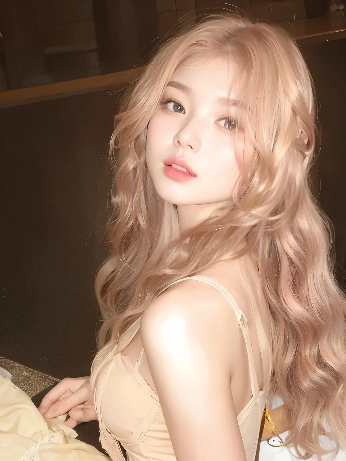 masterpiece, best quality, 20-year-old girl,Pink blonde hair,Flowing long hair,Long curly hair,Water wave curly hairstyle,pretty girl,a girl,Exquisite facial features,