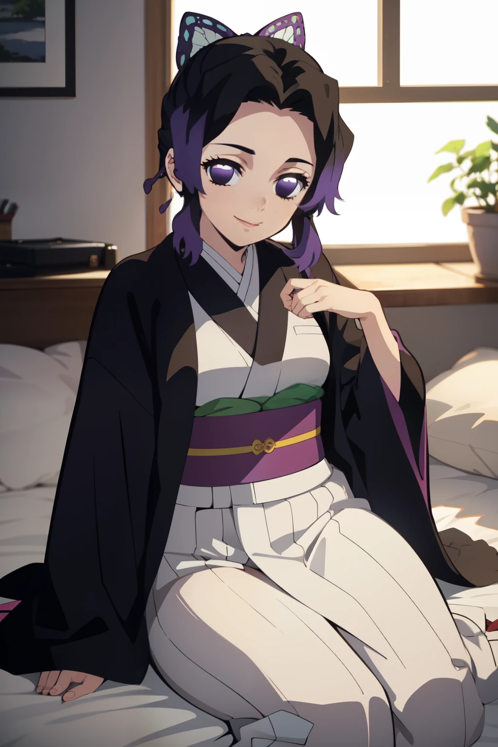 Anime background art, room background, a bed, lying on a bed, beautiful anime scenes, 4K anime art wallpaper, 4k anime art wallpaper, Rosla global illumination, anime girl, best quality, detailed, 1 girl, alone, same as LORA, same as lora, closed mouth, light smile, black hair, purple faded hair, perfect hair, black color, defined eyes, purple eyes, short hair, folded ponytail, headband, butterfly hair accessory, looking at the viewer, kimono costume.