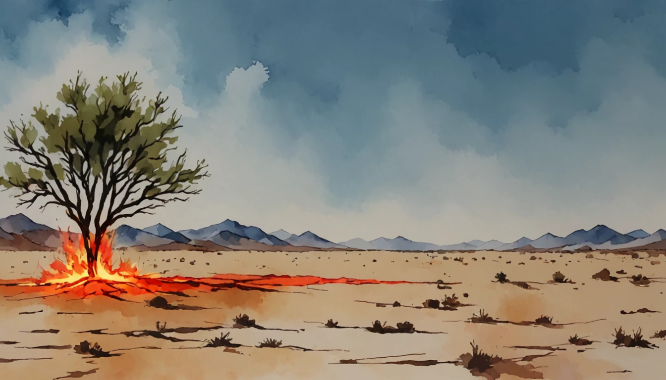 tree on fire in the desert, heat reflections, heat wave blur, watercolor landscape, blue clear sky, mountains, desert sand, immense intense heat, maximal extreme hot sunny weather, watercolor hues, fiery, 