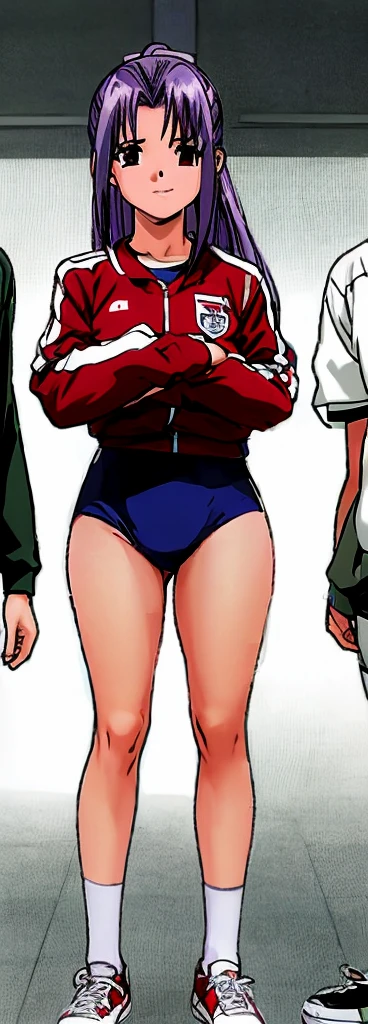 Momoko Koigakubo, a tall girl with beautiful legs, is wearing white gym clothes and light navy blue bloomers that look like panties, and is standing with her legs spread apart with a smile.。Next to Momoko Koigakubo, a third-grade boy with a shaved head and wearing a tracksuit is standing with a huge smile on his face, clutching her thighs.。