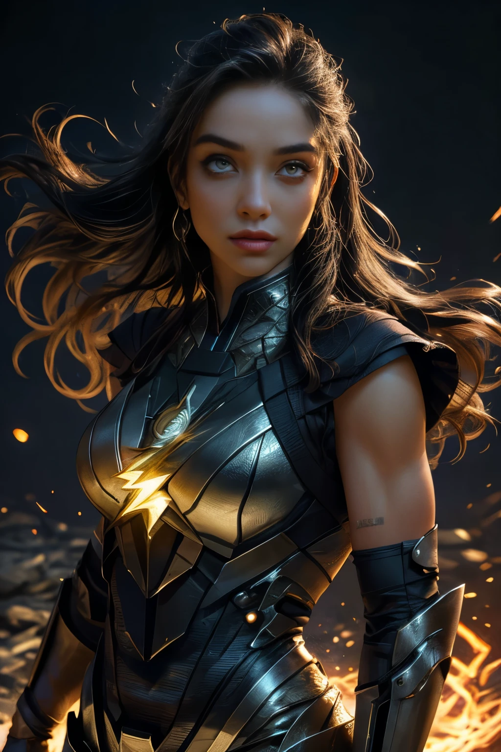 Flash. a beautiful woman with flowing hair, superhero costume, dynamic pose, (best quality,4k,8k,highres,masterpiece:1.2),ultra-detailed,(realistic,photorealistic,photo-realistic:1.37),cinematic lighting, vibrant colors, dramatic shadows, heroic expression, action scene, muscular physique, cape flowing in the wind, detailed facial features, beautiful eyes,beautiful lips,extremely detailed face,longeyelashes,highly detailed, intricate costume design, glowing energy effects, cinematic composition, epic scale