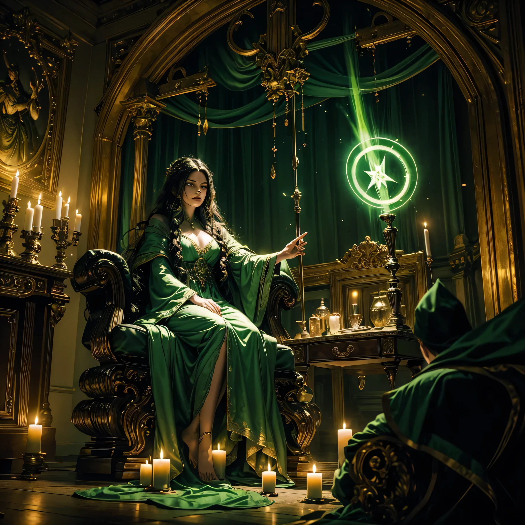 masterpiece, ultra detailed, high resolution, best quality image of a witch, with long flowing fair, wearing a green robe, sitting crossed leg in a room, surrounded by candles, burning with green glame, glowing with eerie green light, volumetric lighting, eerie green light is everywhere, the witch is casting a spell and there is a glowing magic circle behind her which is the only thing that is not green