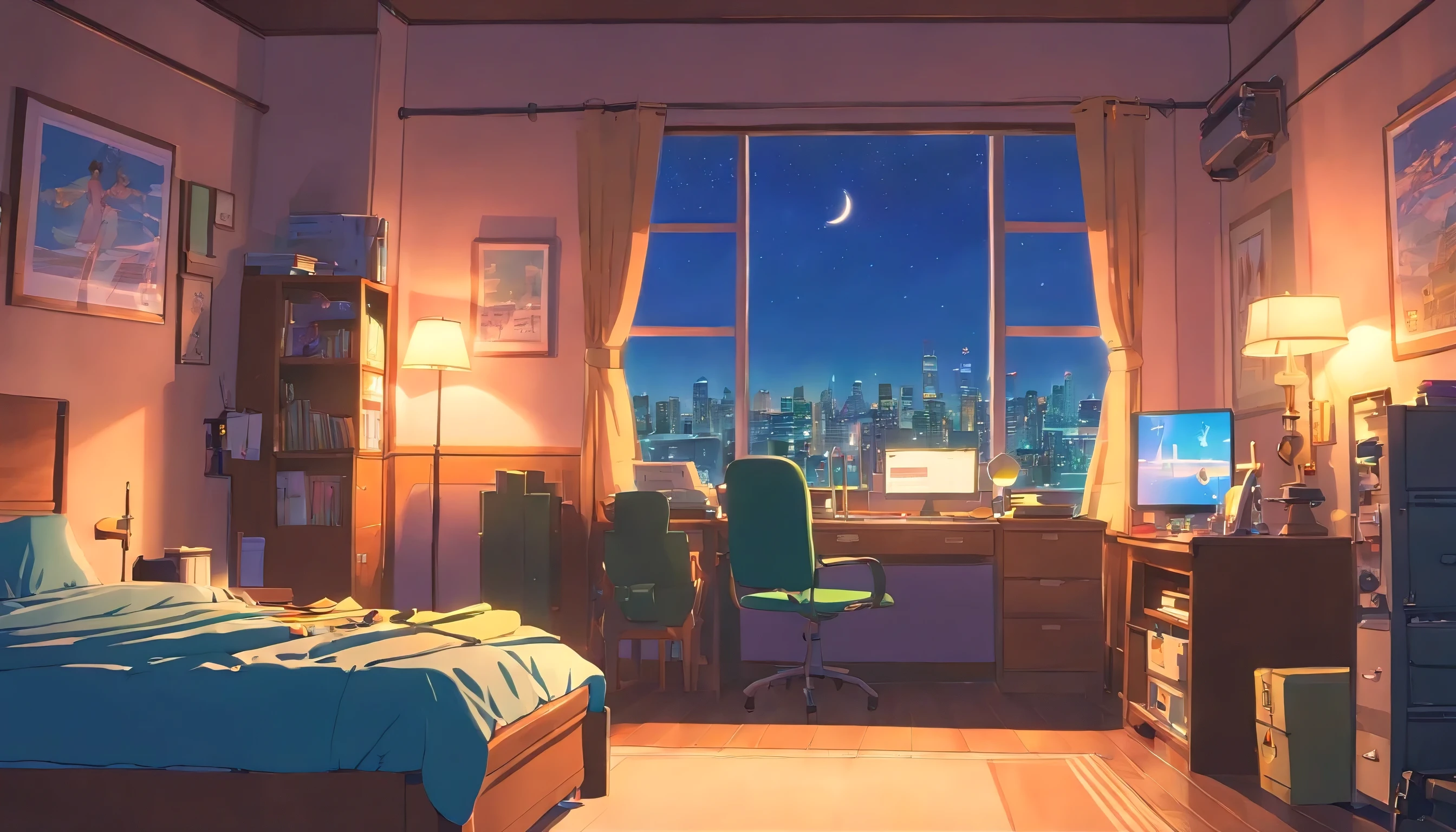 3D Animation Movie Still Cozy Room, Large windows offer city views, Crested Moon, depressed, Sad atmosphere, The bed was not made, Computer desk, Cluttered furniture, Otaku-style posters on the wall,There is a guitar in the corner,Pixar style, Disney, Vaporwave