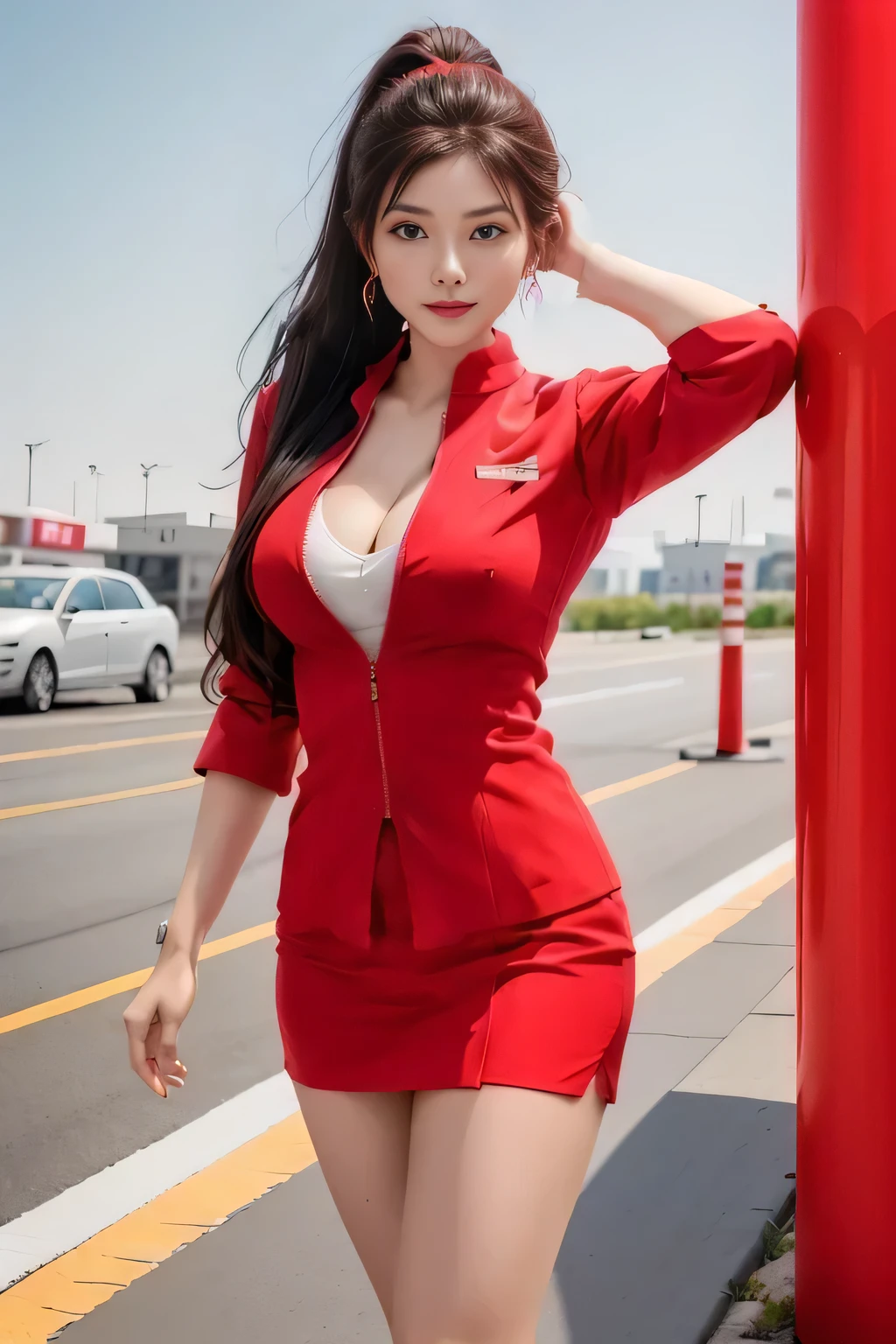 AirAsia red jacket uniform、Long hair down to the legs、Dark brown hair、Hair tied up、Tie your hair back in a ponytail、ponytail、Red rubber band、Luxury earrings、Captivating look、Blue Eyes、22 year old Asian female