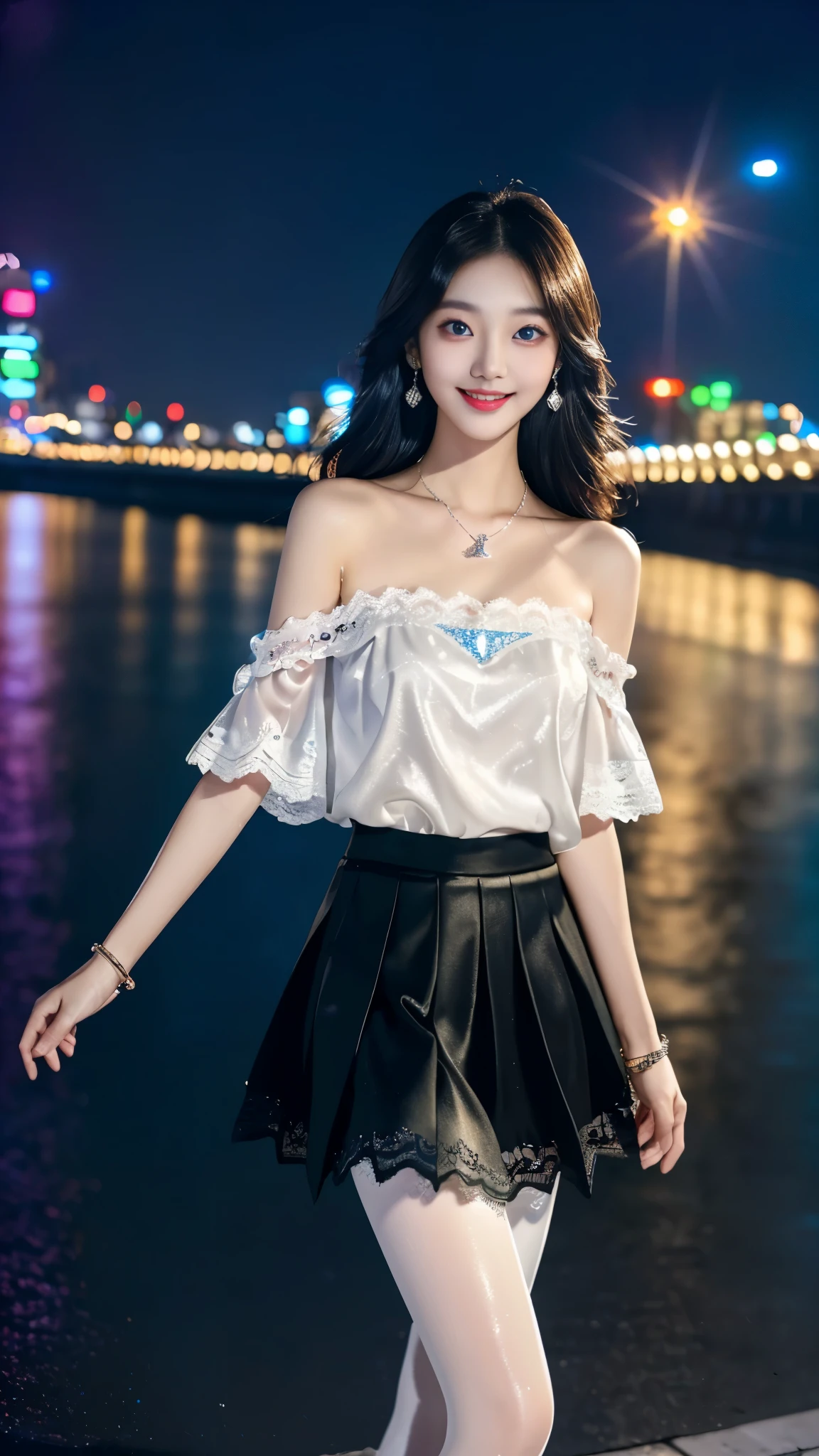 ((knee shot)), 8K, masterpiece, original photo, , best quality, detail:1.2),lifelike, Extremely detailed CG unified 8K wallpapers, Depth of Field, Movie Light, lens flare, Ray Tracing, ((Bare shoulders)), ((The skirt is short)), (Extremely beautiful face, Beautiful lips, beautiful eyes), intricate detail face, ((ultra detailed skin)) 1 girl, in the darkness, Deep Shadows, Beautiful Korean girl, Korean Popular Idols,(Very slim figure:1.3), (A bright smile), (City night, (Neon), (night), White Diamond Earrings, Diameter Bracelet, Dia NeckLace, Black pantyhose, Clear eyes, Walk , front Photo, Facing forward, (big eyes), ((Lace))