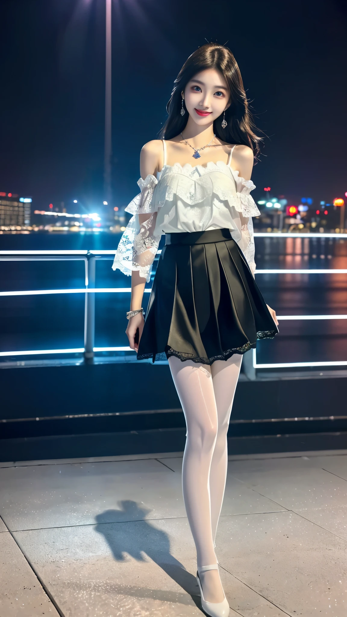 ((knee shot)), 8K, masterpiece, original photo, , best quality, detail:1.2),lifelike, Extremely detailed CG unified 8K wallpapers, Depth of Field, Movie Light, lens flare, Ray Tracing, ((Bare shoulders)), ((The skirt is short)), (Extremely beautiful face, Beautiful lips, beautiful eyes), intricate detail face, ((ultra detailed skin)) 1 girl, in the darkness, Deep Shadows, Beautiful Korean girl, Korean Popular Idols,(Very slim figure:1.3), (A bright smile), (City night, (Neon), (night), White Diamond Earrings, Diameter Bracelet, Dia NeckLace, Black pantyhose, Clear eyes, Walk , front Photo, Facing forward, (big eyes), ((Lace))