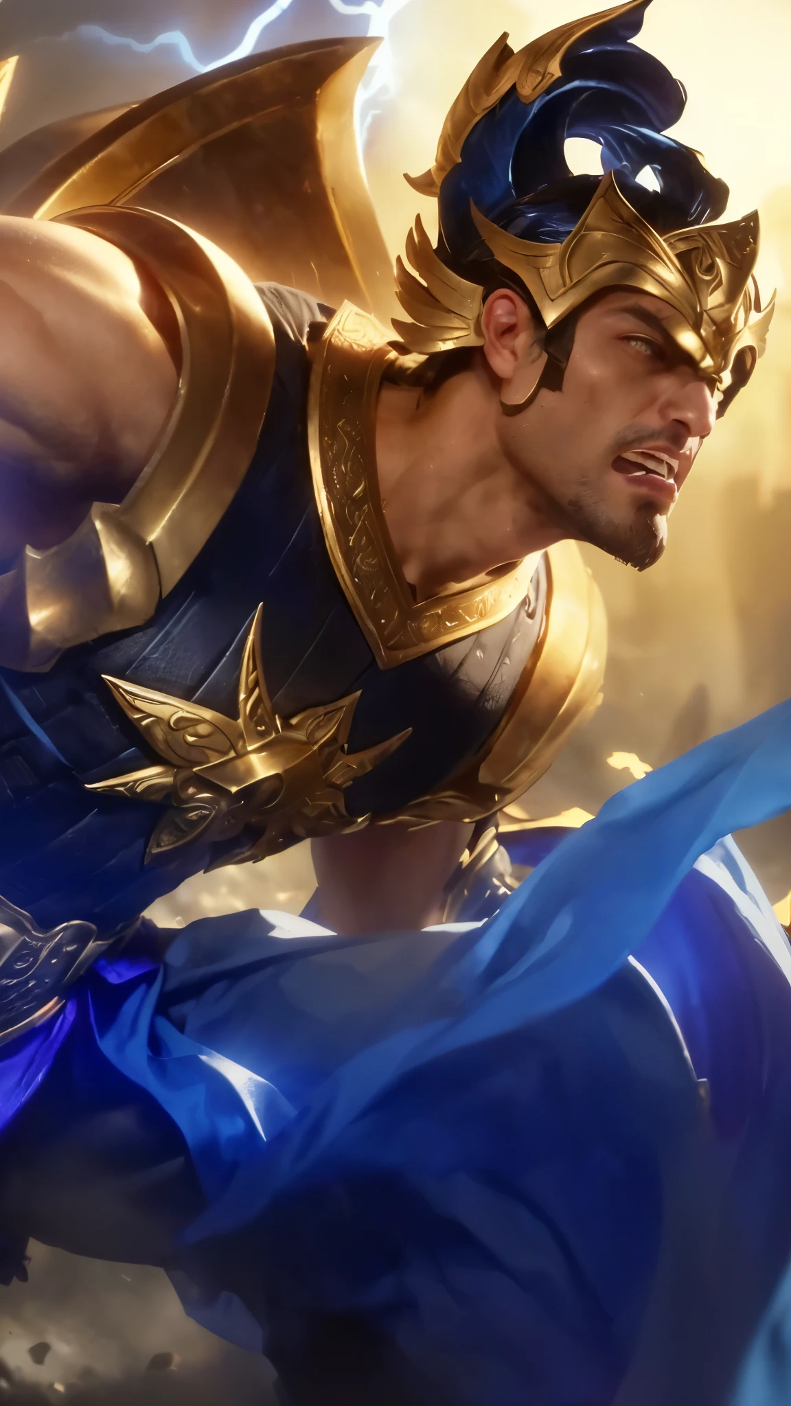 a close up of a man with an armor, gilgamesh, highly detailed face, penetrating eyes, strong jawline, bronze armor, ornate details, heroic pose, epic fantasy, dramatic lighting, cinematic composition, detailed textures, rich color palette, dramatic shadows, mood lighting, realistic rendering, hyper detailed, 4k, photorealistic, rage expression, angry